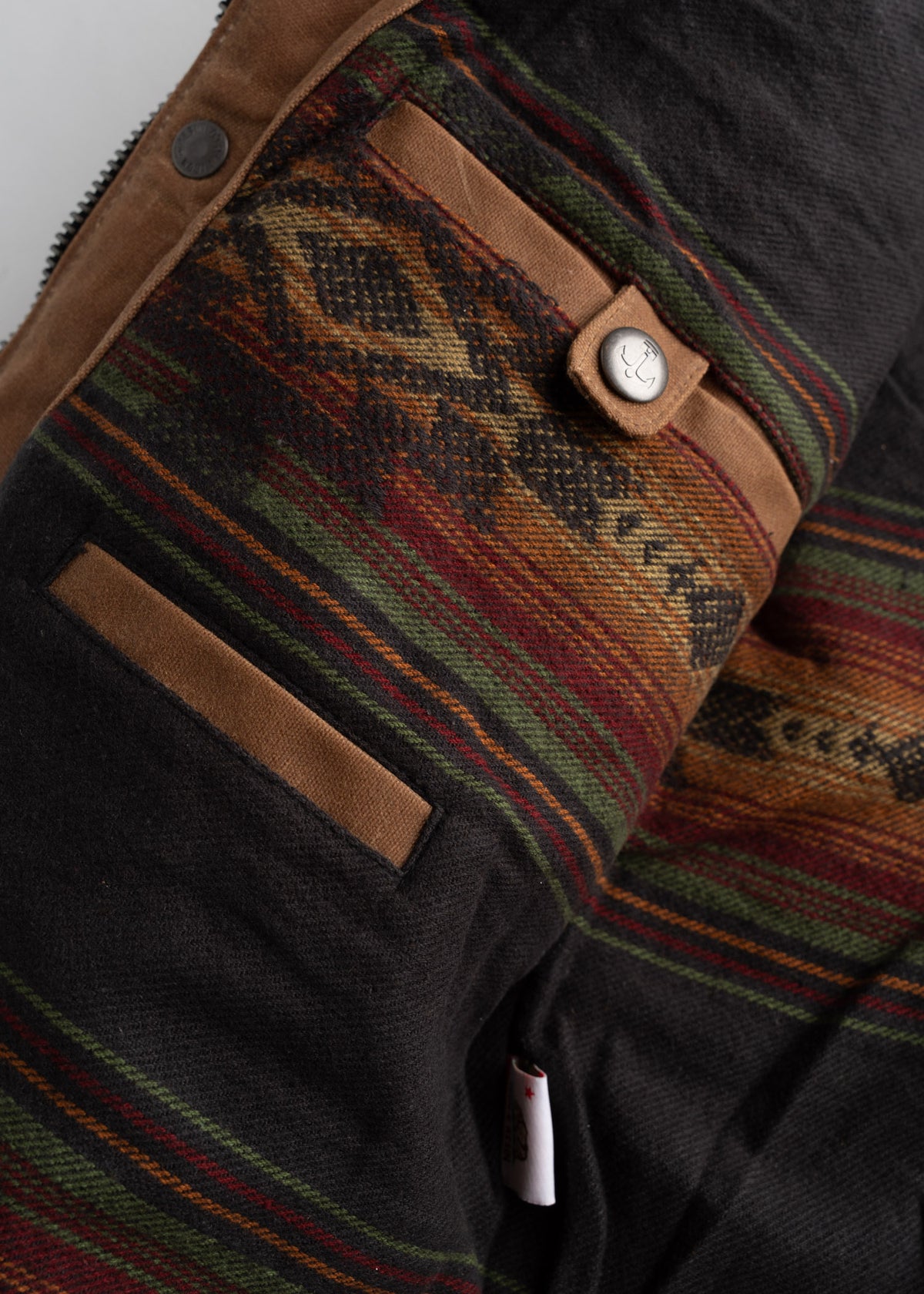 Close-up of a jacket with a geometric pattern in earthy tones, featuring a button and pocket detail on a dark fabric background.