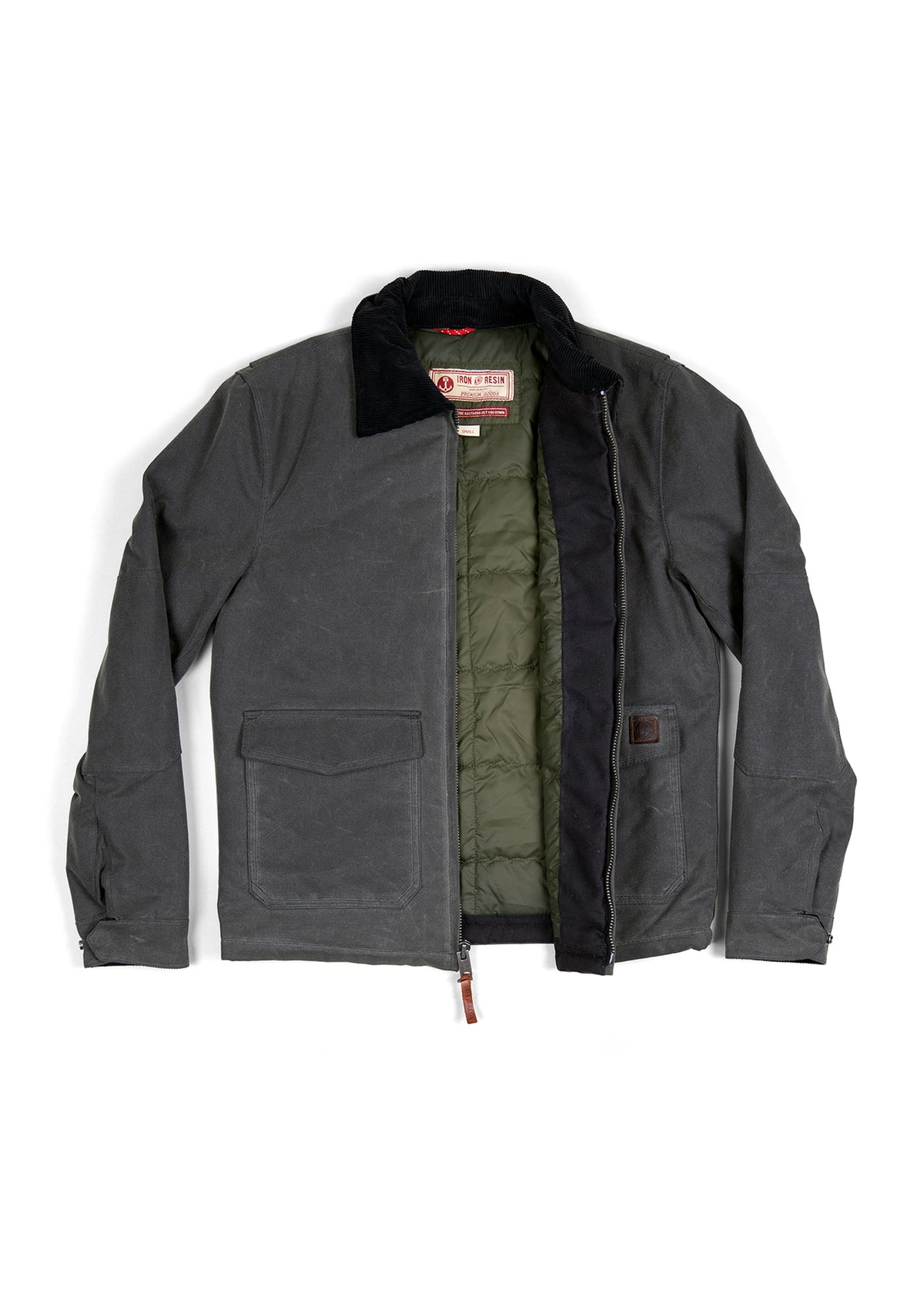 Gray waxed canvas jacket with a green quilted lining, black collar, and front pockets. Zipper partially open, revealing interior.