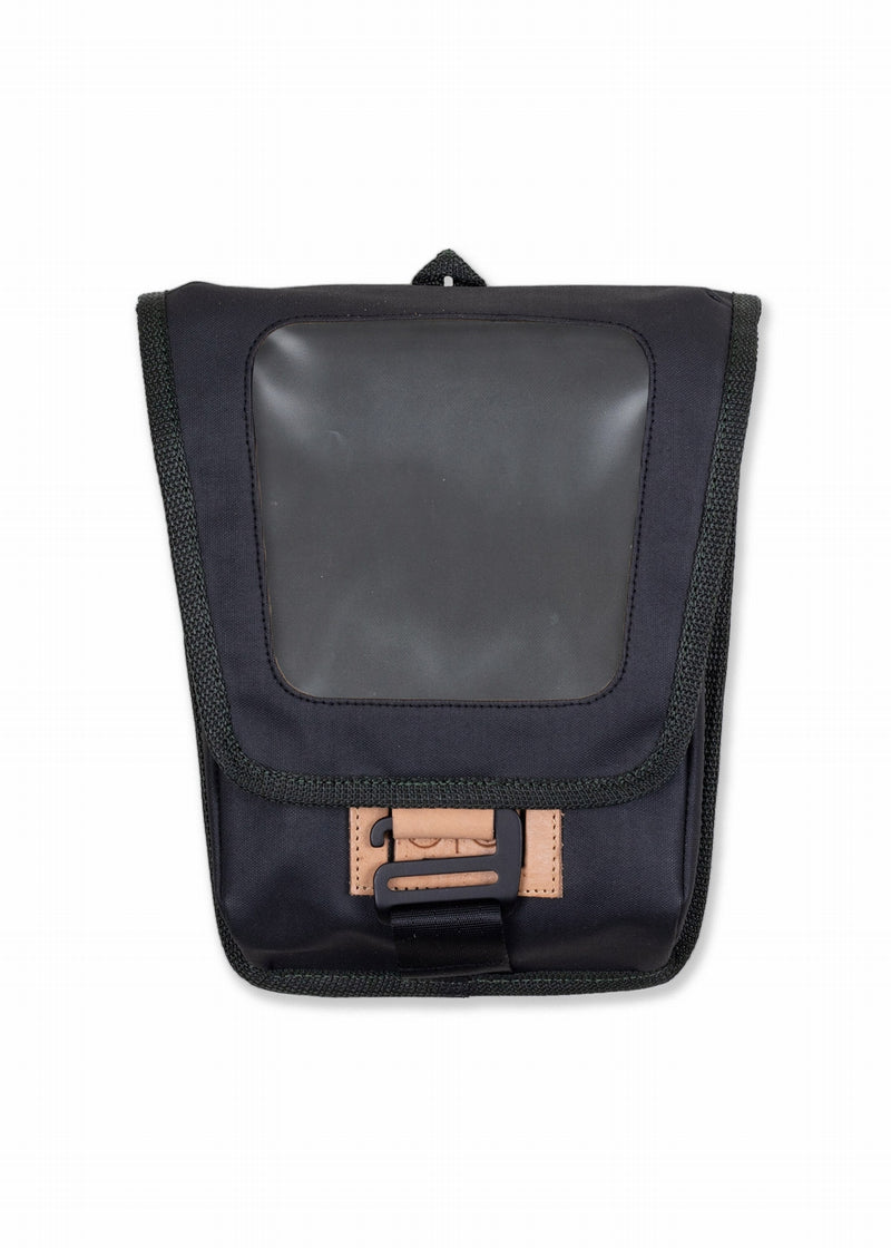 Black pouch with a transparent window and a tan buckle, designed for practical use and easy access.