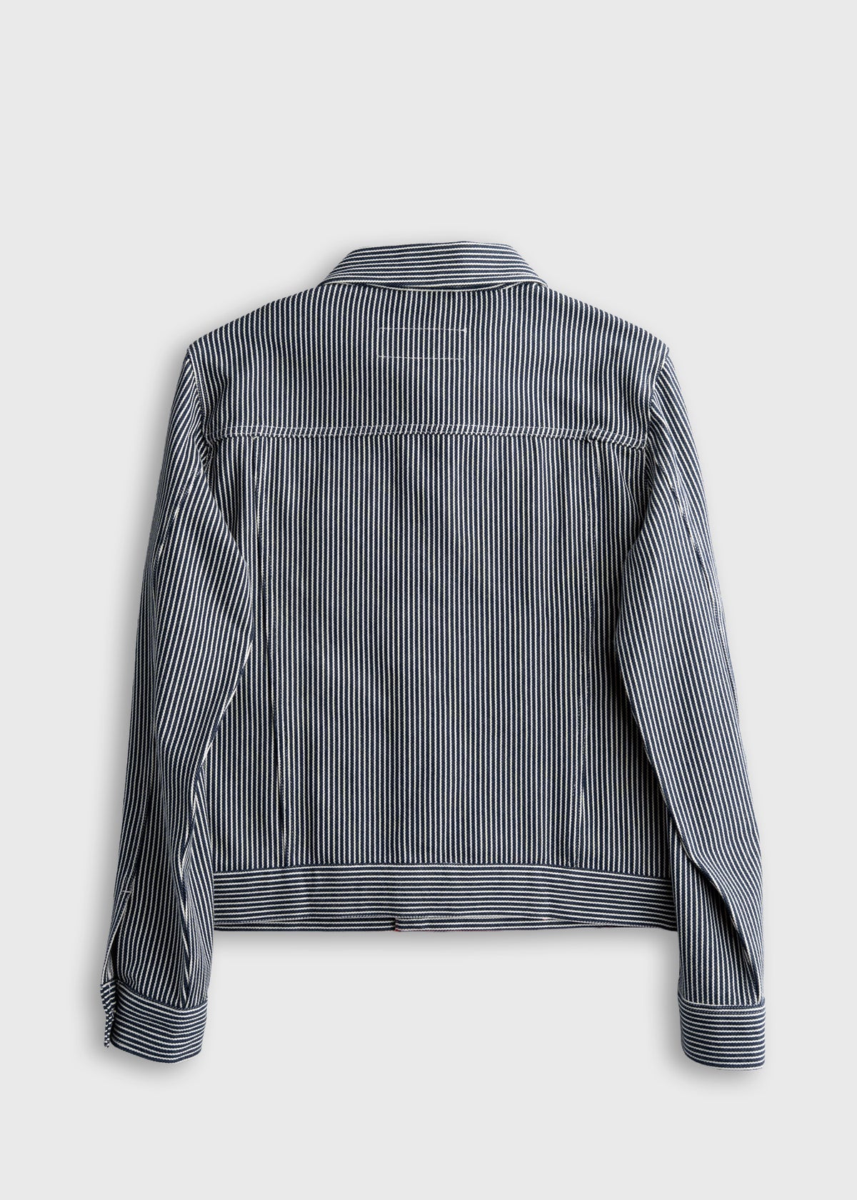 Back view of a blue and white striped denim jacket with long sleeves and a collar, displayed on a plain background.