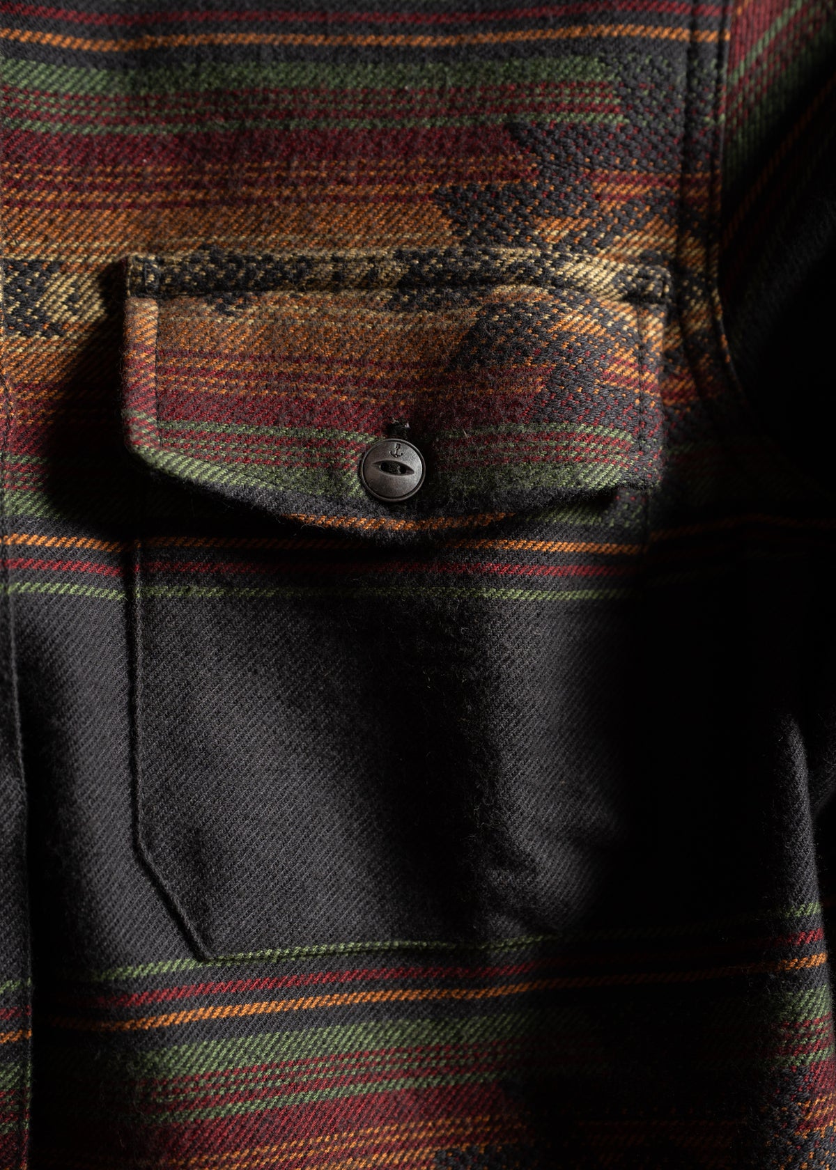 Close-up of a plaid wool jacket pocket with a button, featuring earthy tones of red, green, and brown in a striped pattern.