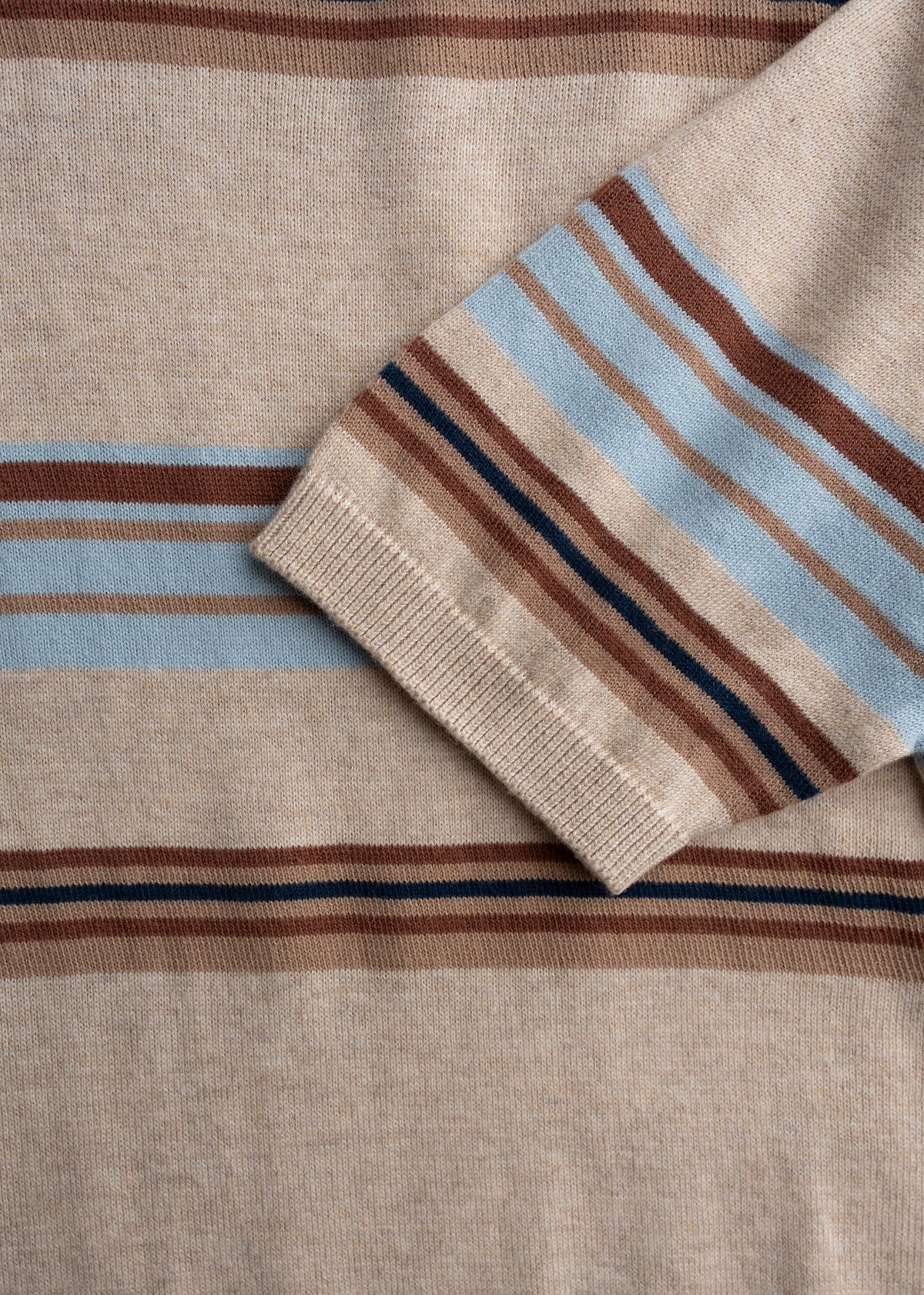 Close up of knit pattern detail on shirt, highlighting weave and vintage inspired texture