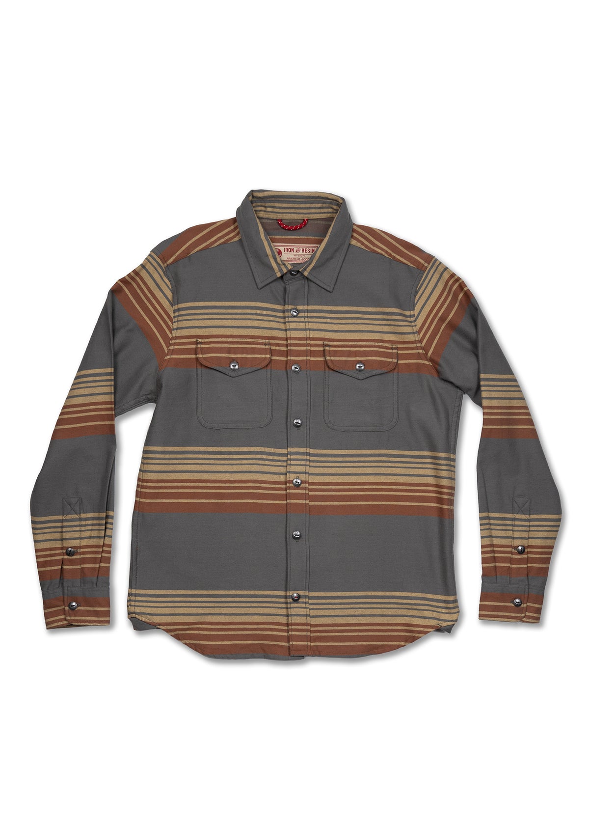 Gray and brown striped button-up shirt with two chest pockets, featuring a classic collar and long sleeves, laid flat on white.