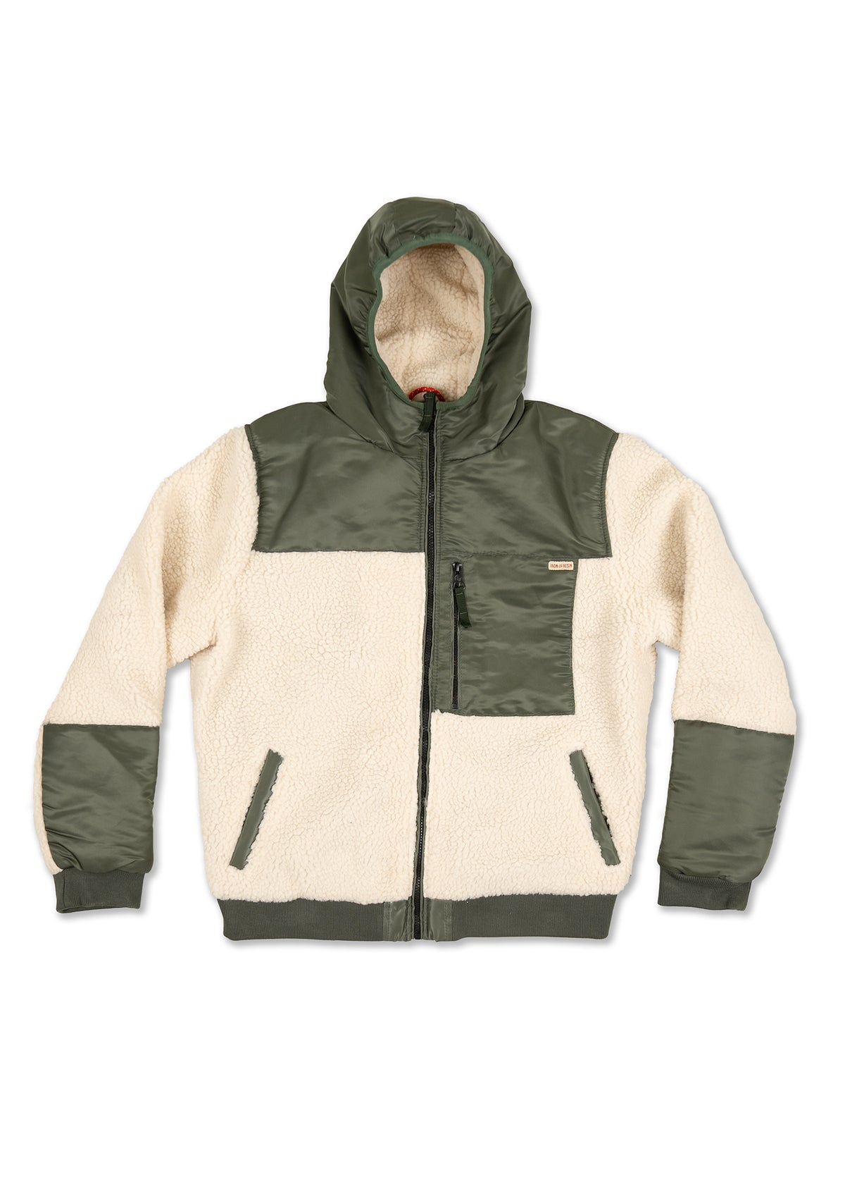 Cream and olive green hooded jacket with front zipper, fleece body, and nylon accents on shoulders, pockets, and cuffs.