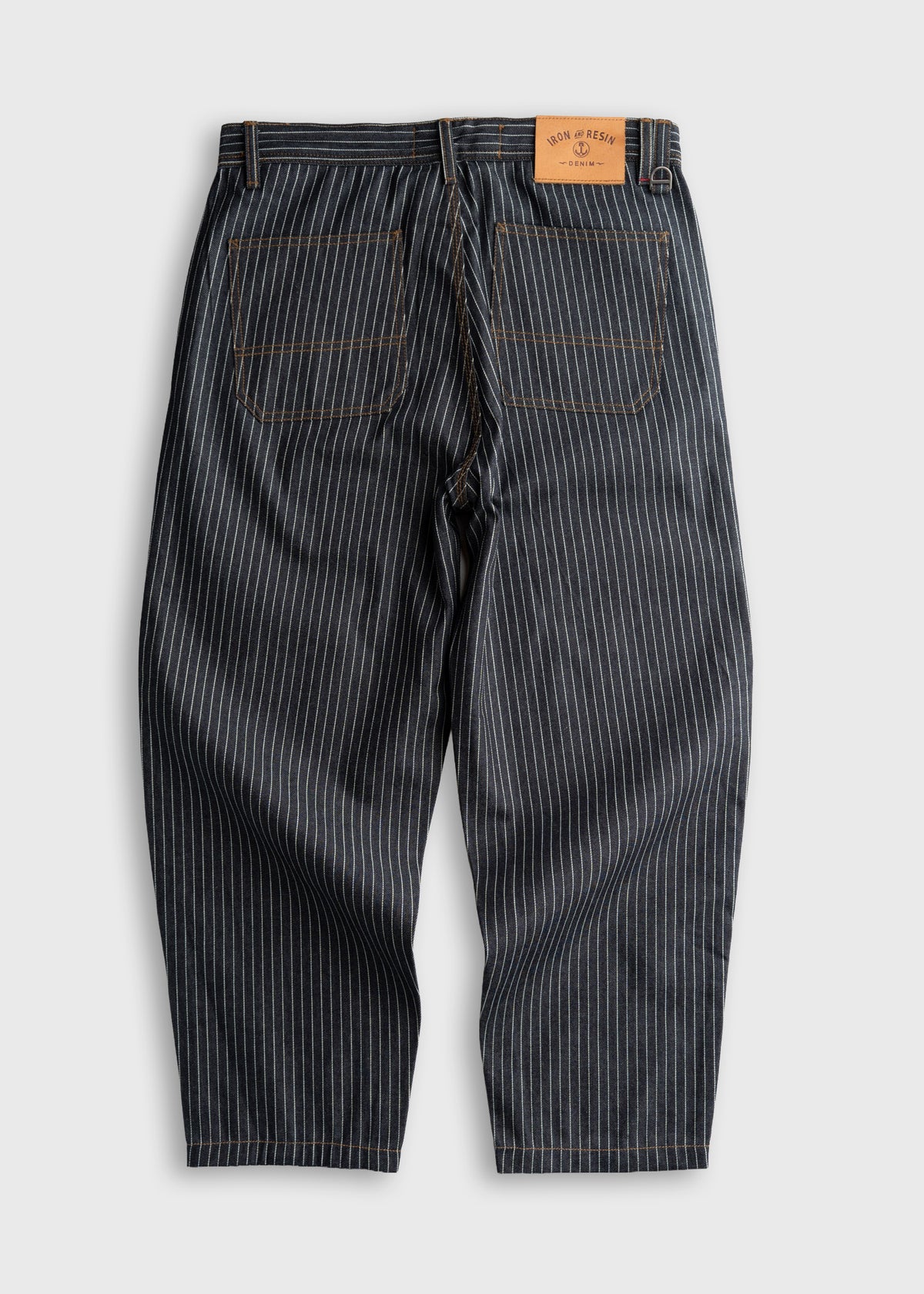 Men’s striped denim pants with YKK zipper fly and shank button waistband, durable cotton workwear trousers with roomy fit and 33 inch inseam