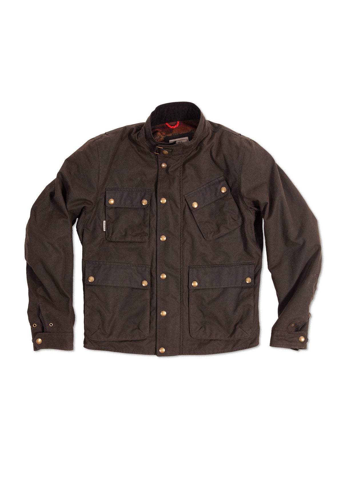 Brown waxed cotton jacket with brass buttons, four front pockets, and a high collar, laid flat on a white background.