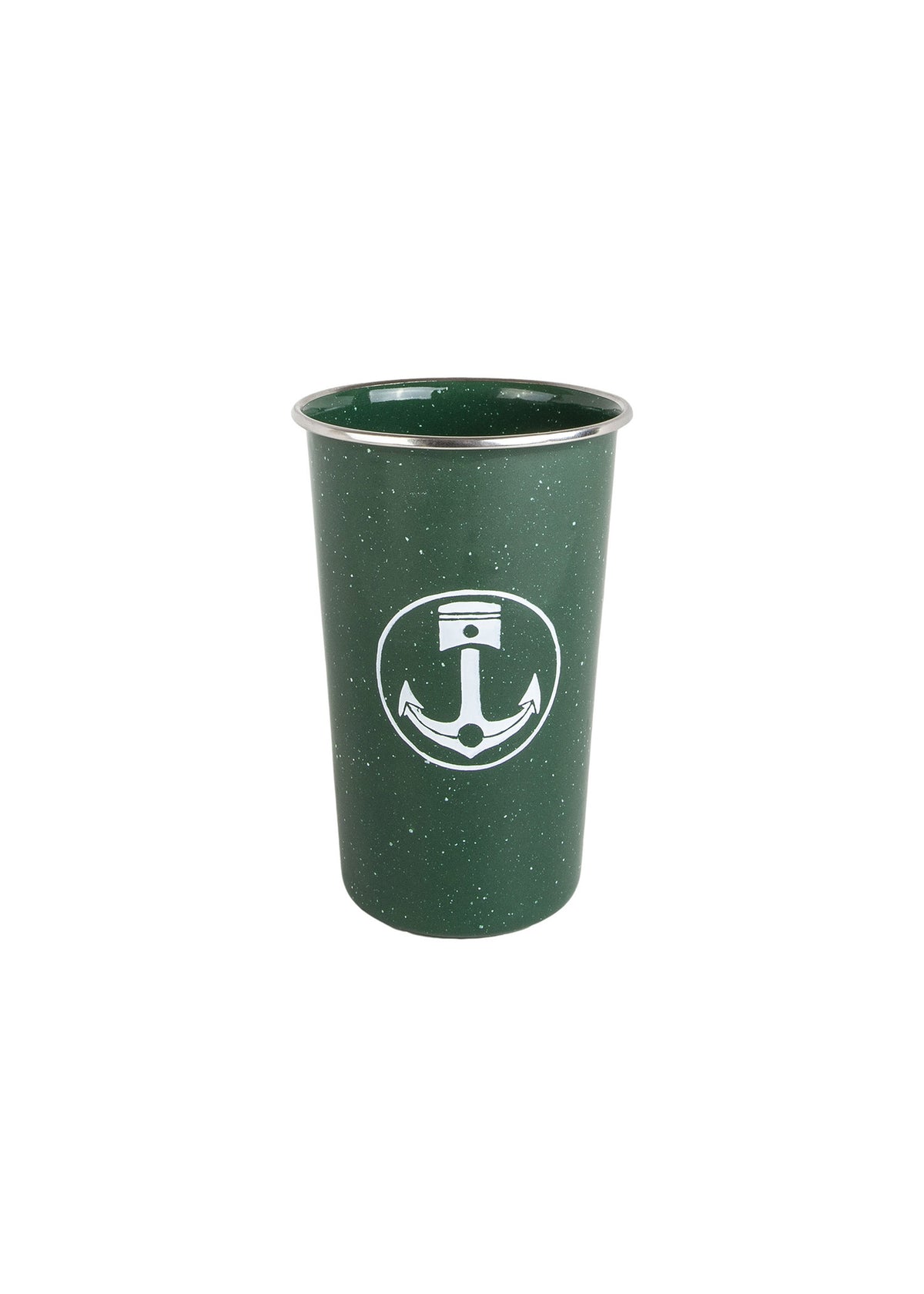 Green enamel cup with white anchor logo on front, featuring a speckled design and metal rim, isolated on a white background.
