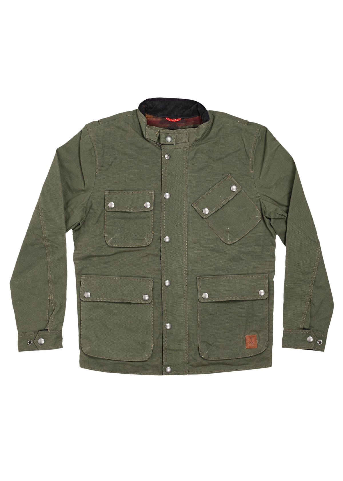 Olive green jacket with multiple pockets and silver buttons, featuring a high collar and a small leather patch on the front.