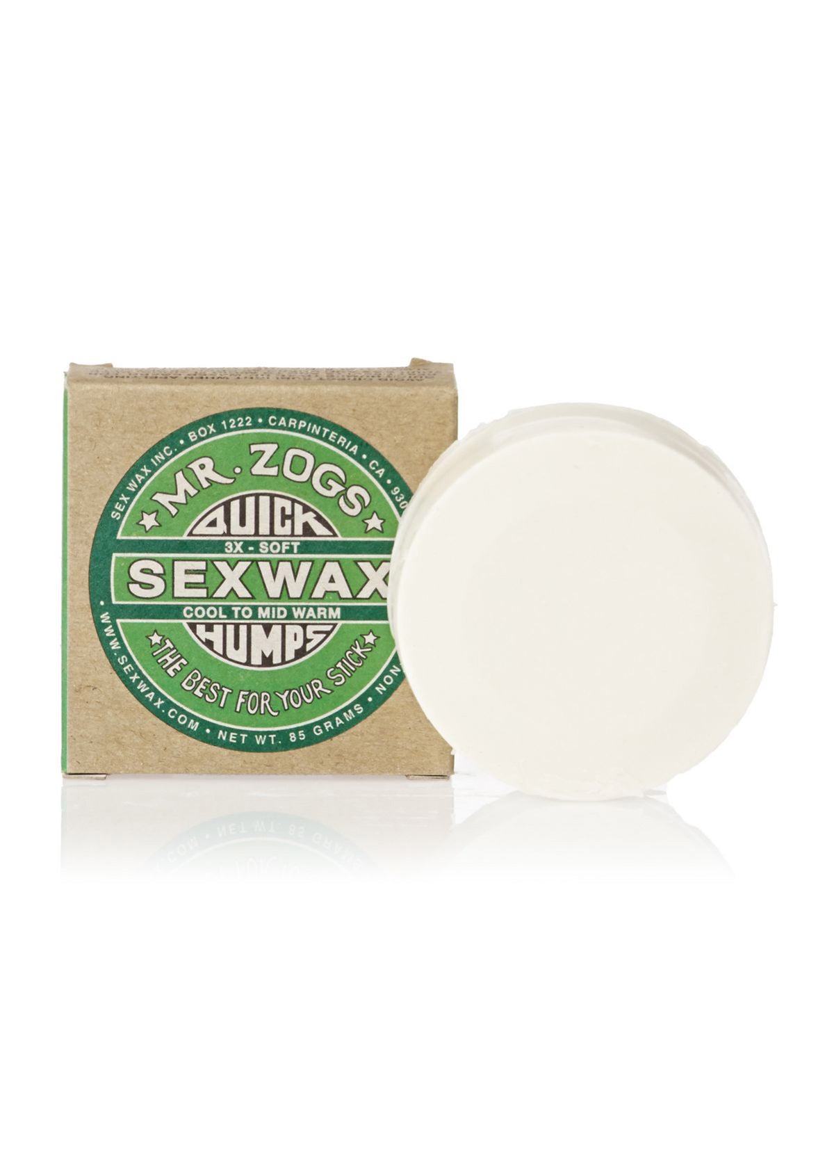 Mr. Zog's Sex Wax package with a round bar, labeled "Cool to Mid Warm," for surfboards. Green and brown design.