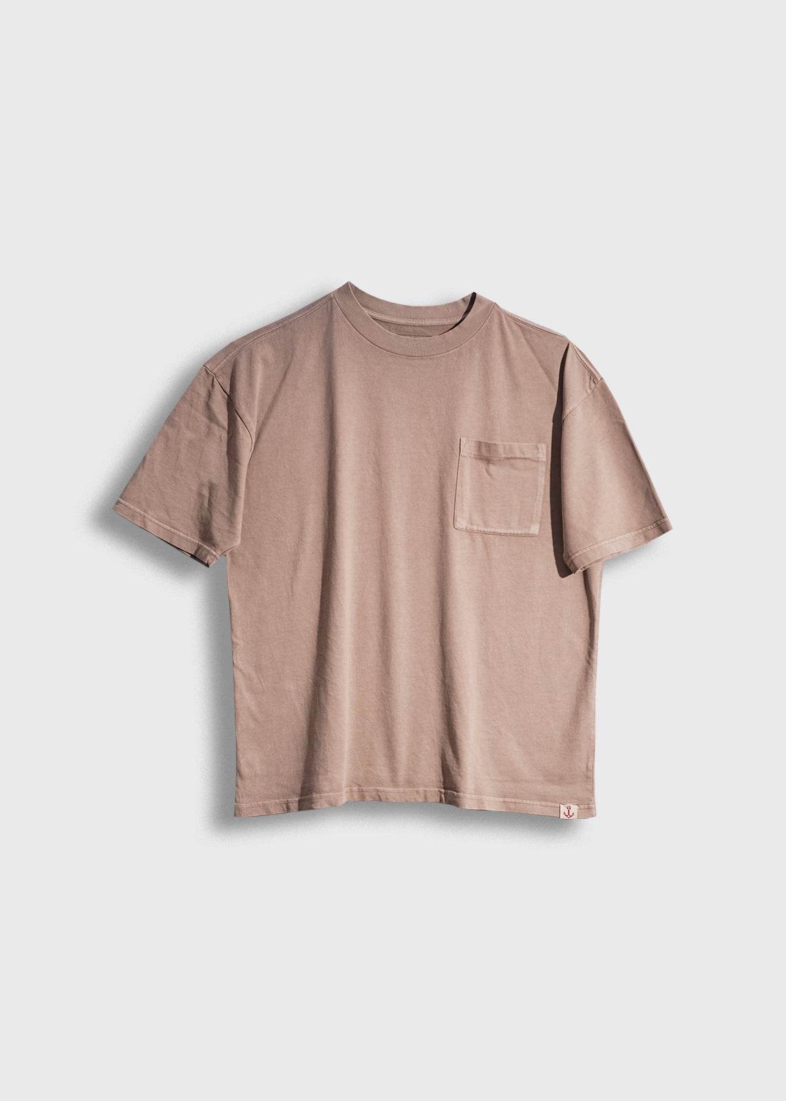 Men’s 7.6 oz cotton, tan pocket tee with boxy fit and chest pocket, heavyweight everyday t-shirt with clean workwear style and soft feel