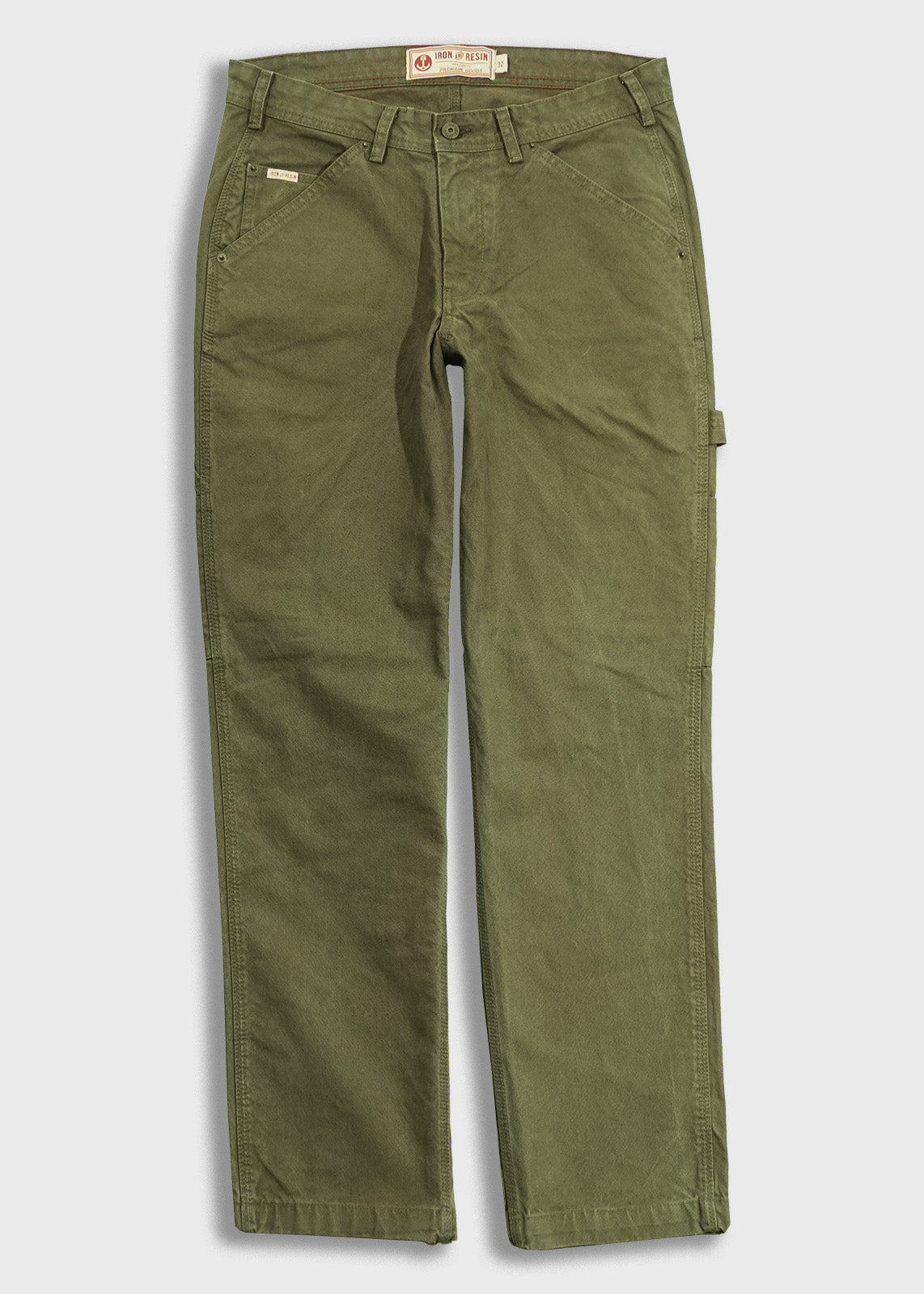 Olive green Iron and Resin work pants with belt loops, front pockets, and a side utility loop, laid flat on a white background.