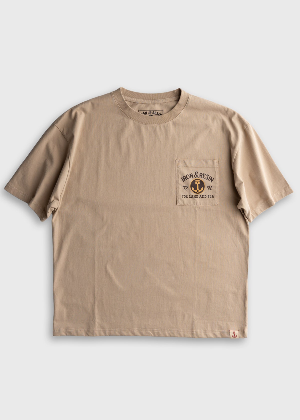 Men’s 7.5 oz heavyweight jersey cotton t-shirt in Tan with chest pocket, boxy fit and custom graphic print, durable everyday tee with relaxed workwear style and soft finish
