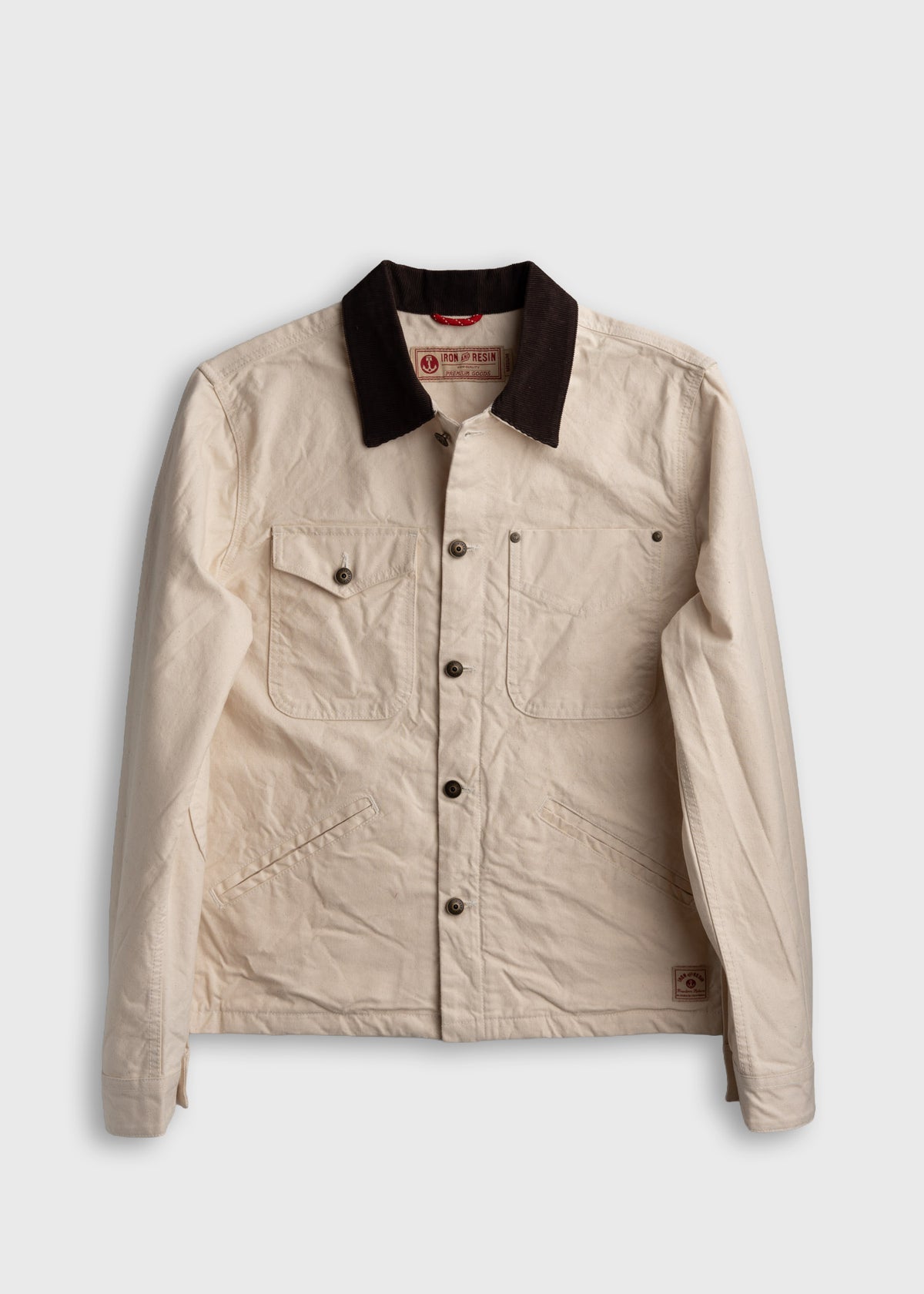 Men’s cotton canvas jacket with boxy fit and corduroy collar, dual chest pockets and welt hand pockets, durable workwear outerwear with classic utility design