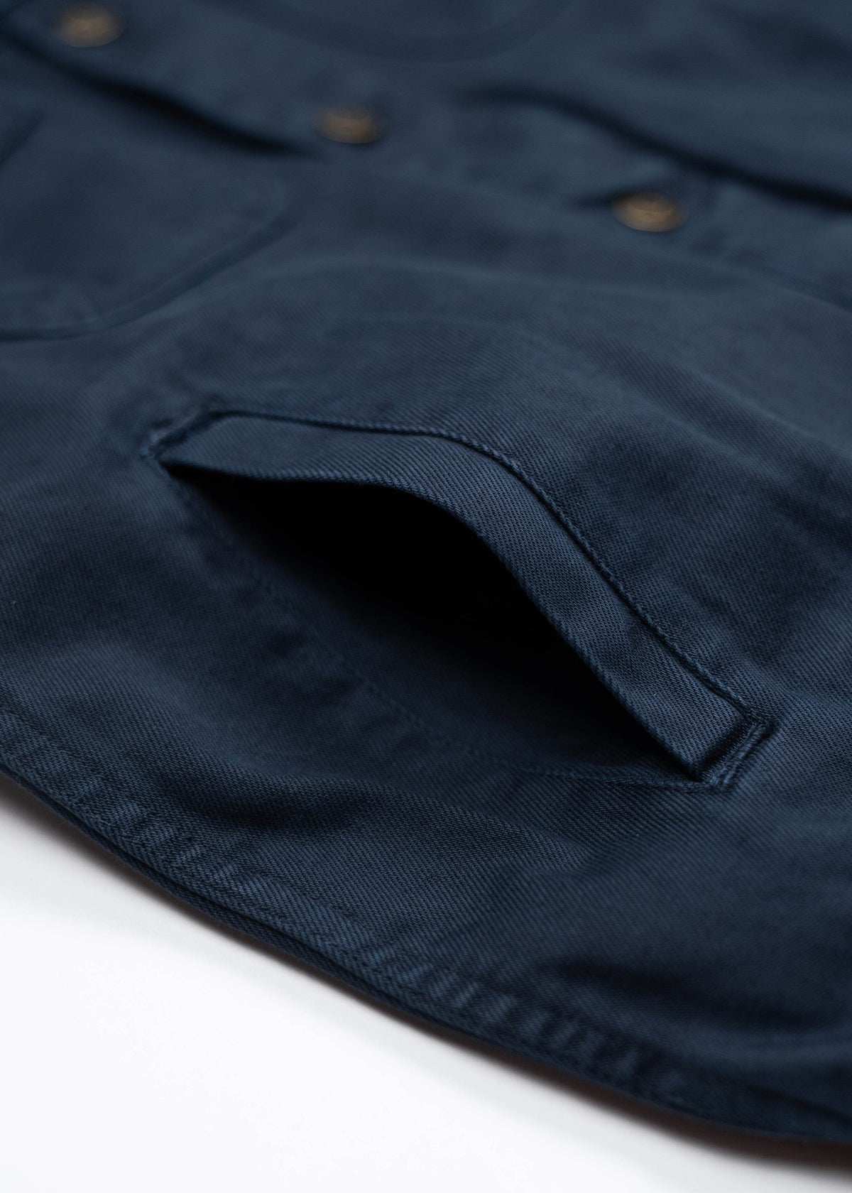 Close-up of a navy blue jacket pocket with visible stitching and button details, highlighting the fabric texture and design.