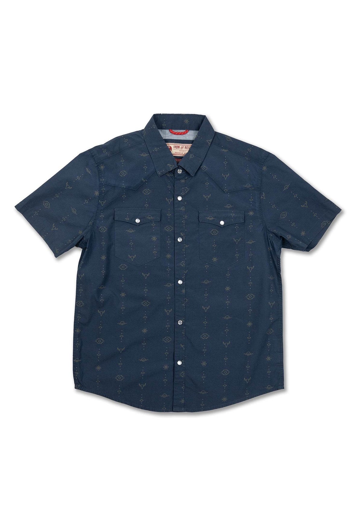 Navy short-sleeve button-up shirt with subtle geometric patterns and two chest pockets, laid flat against a white background.