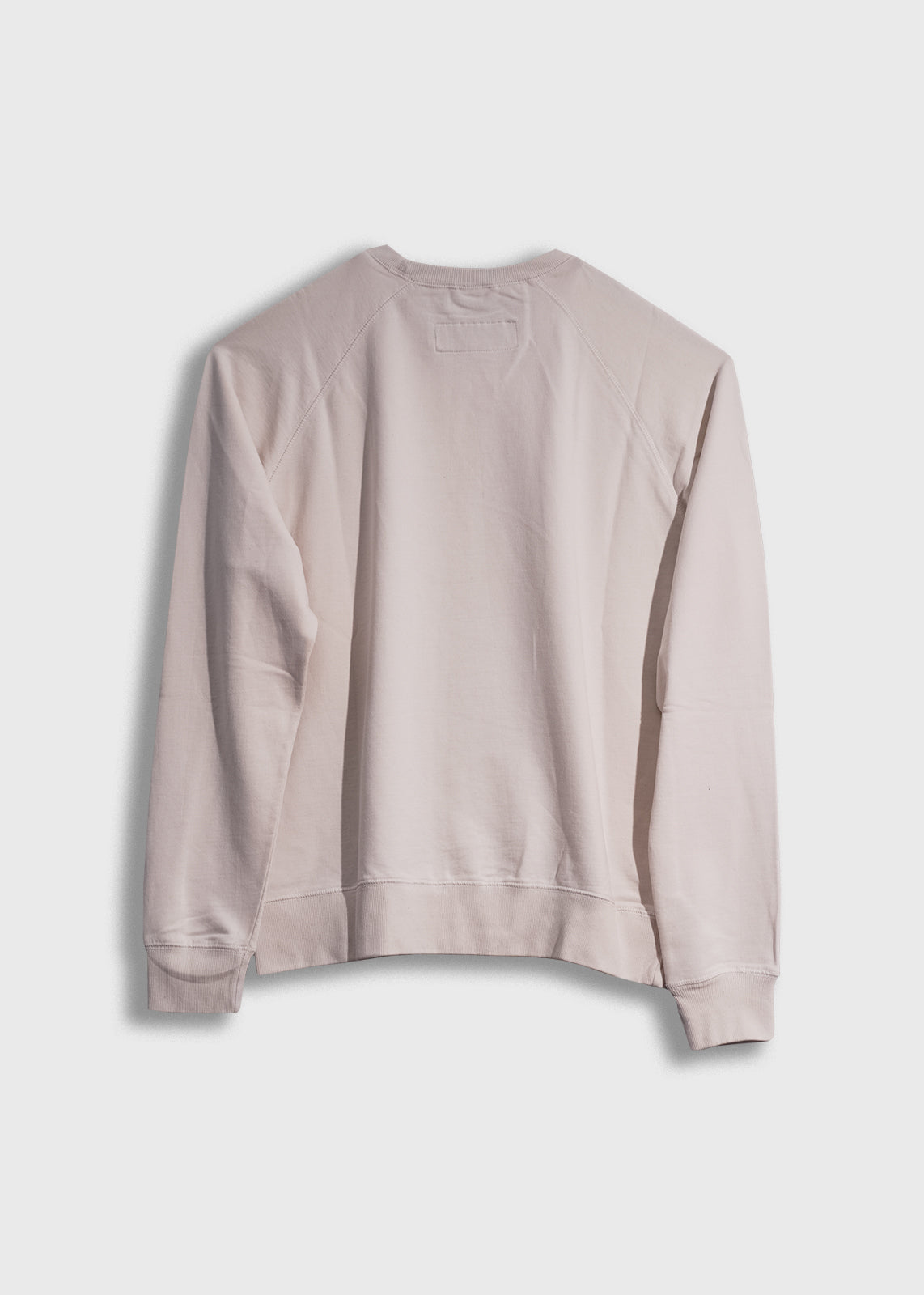 Back view of a plain, light pink sweatshirt with long sleeves, displayed against a white background, highlighting its simplicity.