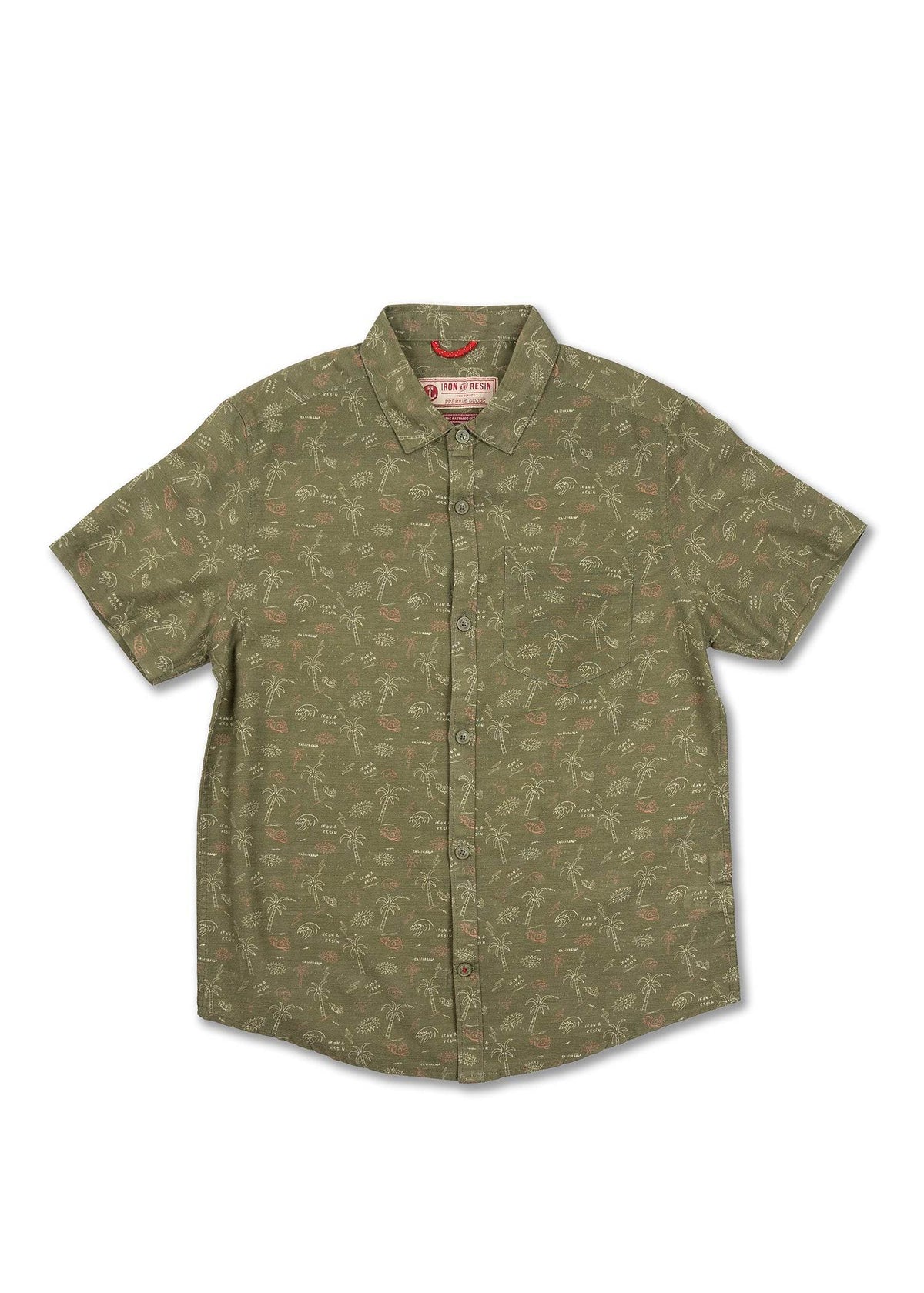 Olive green short-sleeve shirt with palm tree print, button-up front, and collar, displayed on a white background.