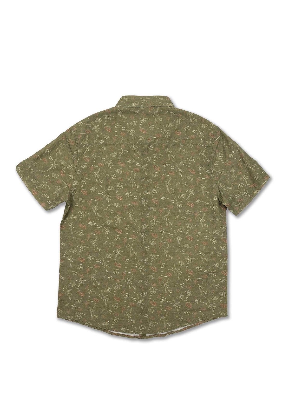 Green short-sleeve shirt with palm tree pattern, viewed from the back. Casual and stylish, perfect for summer outings.