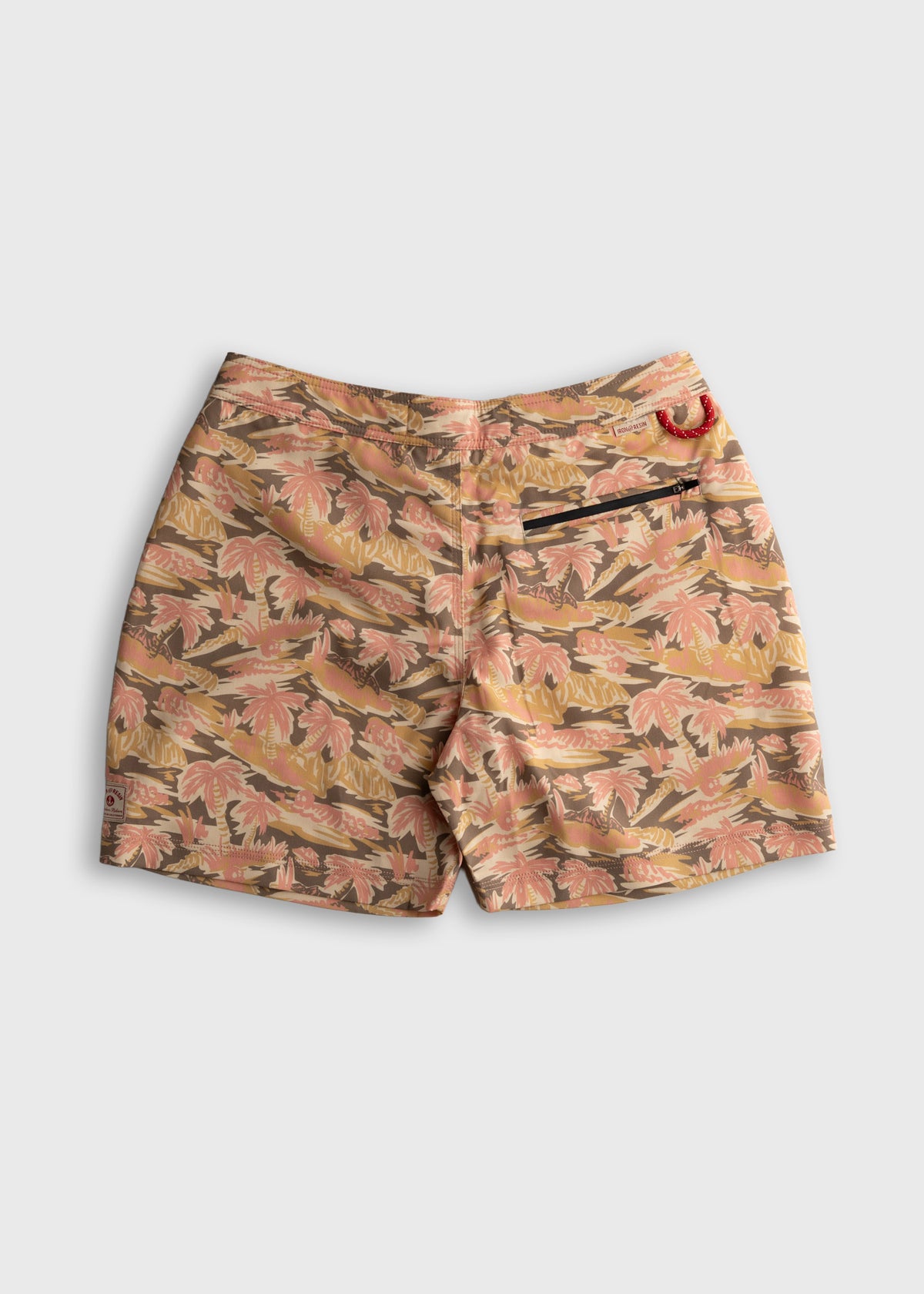 Colorful floral-patterned shorts with a back pocket and hook detail, set against a plain background.