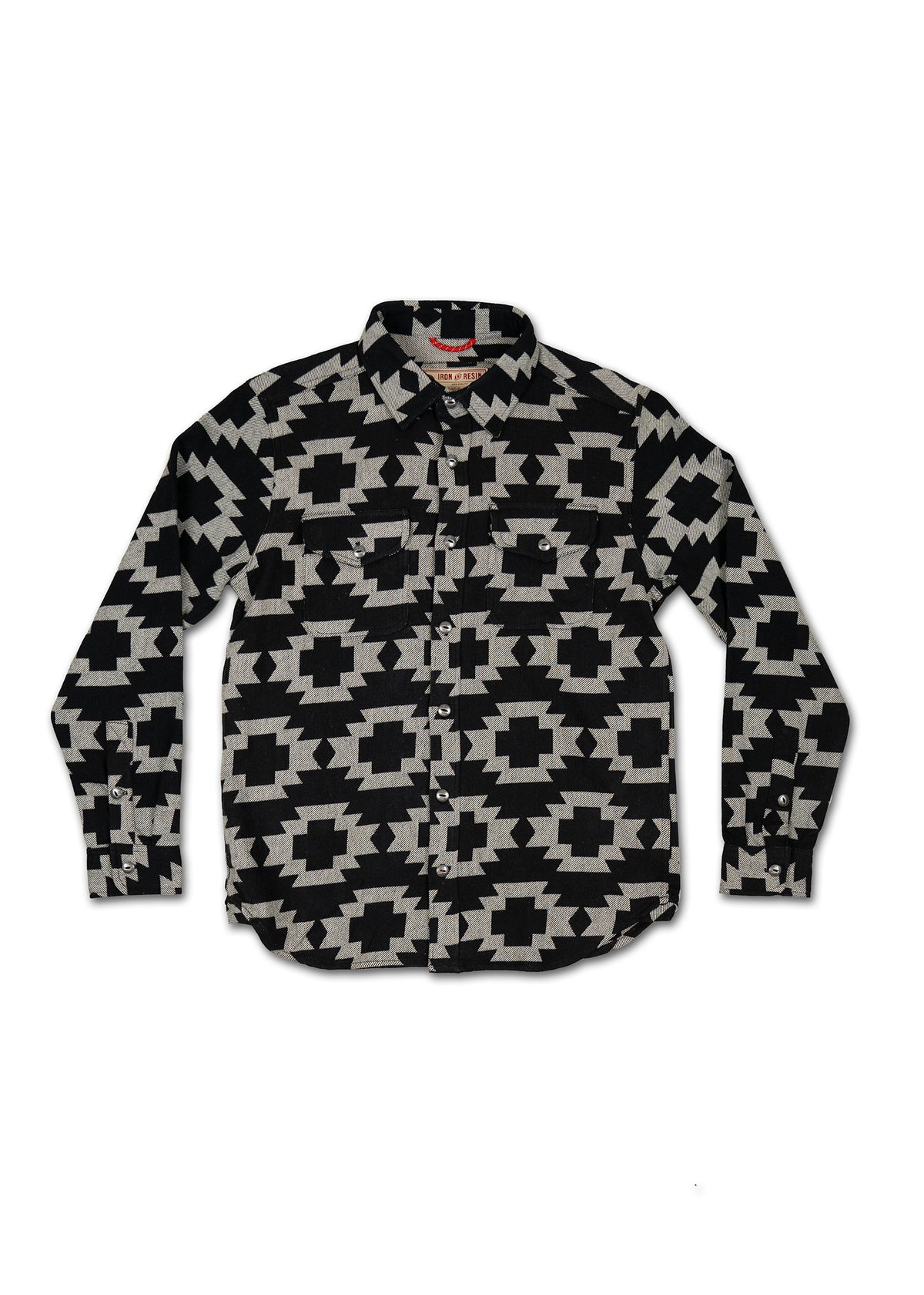 Black and gray geometric patterned button-up shirt with long sleeves, featuring a bold, symmetrical design on a white background.