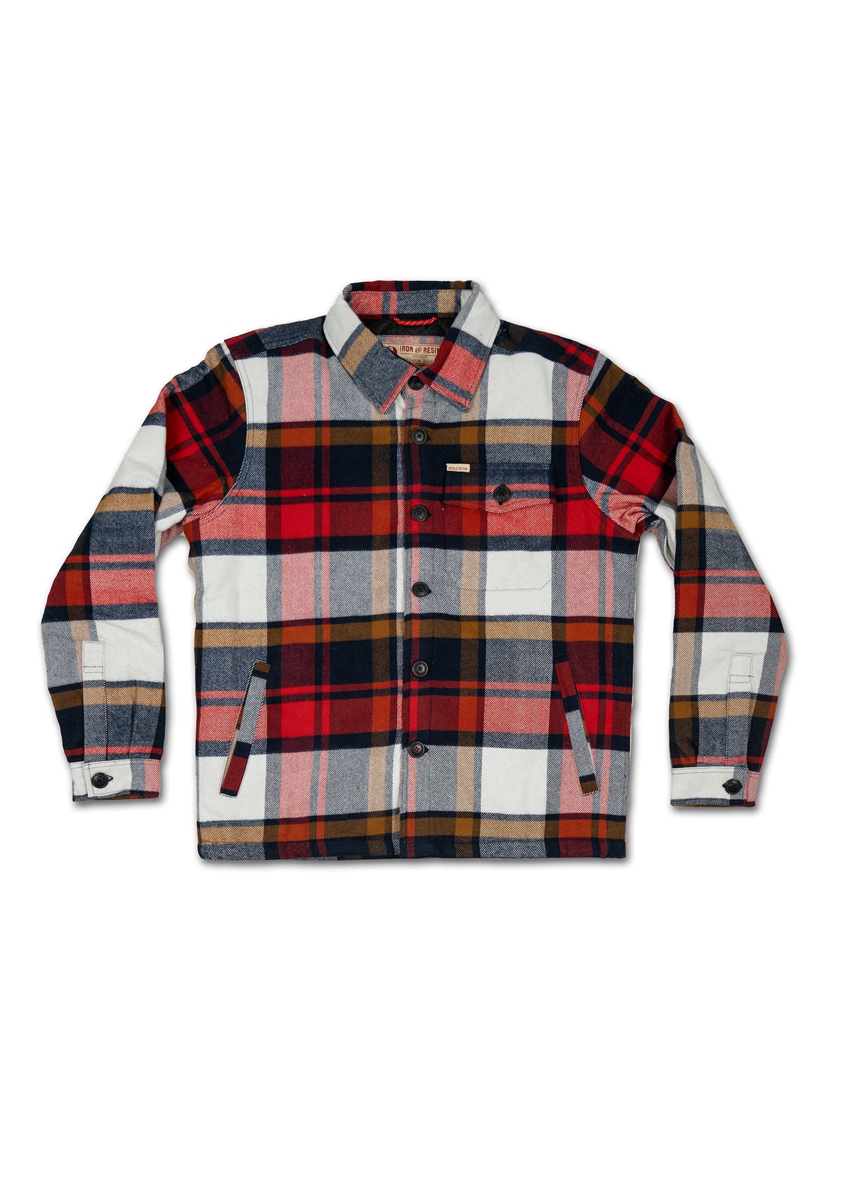 Red, navy, and tan plaid flannel jacket with buttons and pockets, laid flat on a white background.