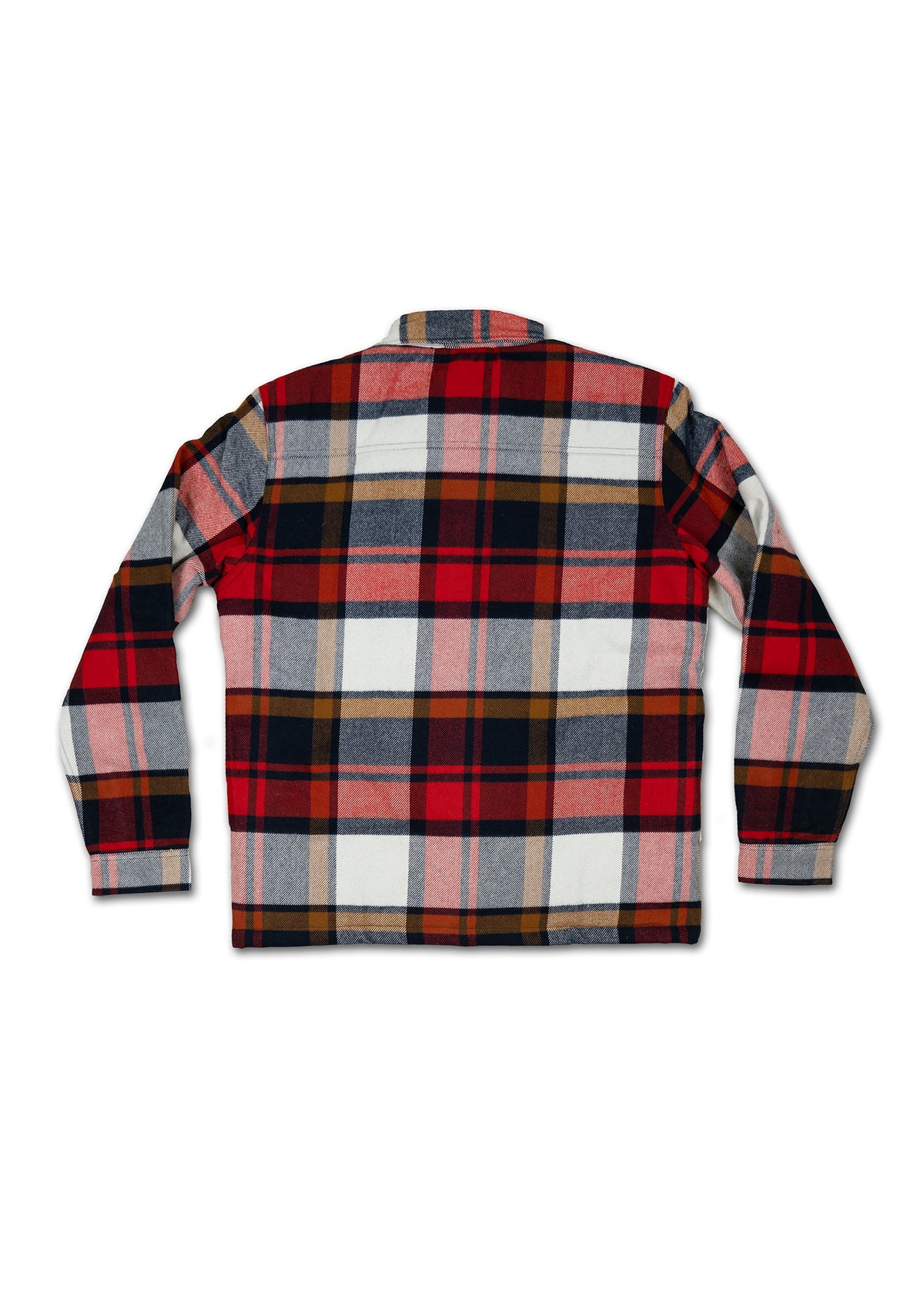 Red, black, and white plaid flannel shirt, back view, with long sleeves and a classic collar, showcasing a cozy, casual style.