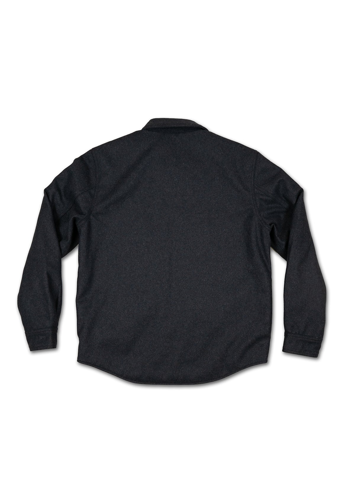Back view of a dark gray long-sleeve shirt with a collar, displayed on a white background, highlighting its simple design.