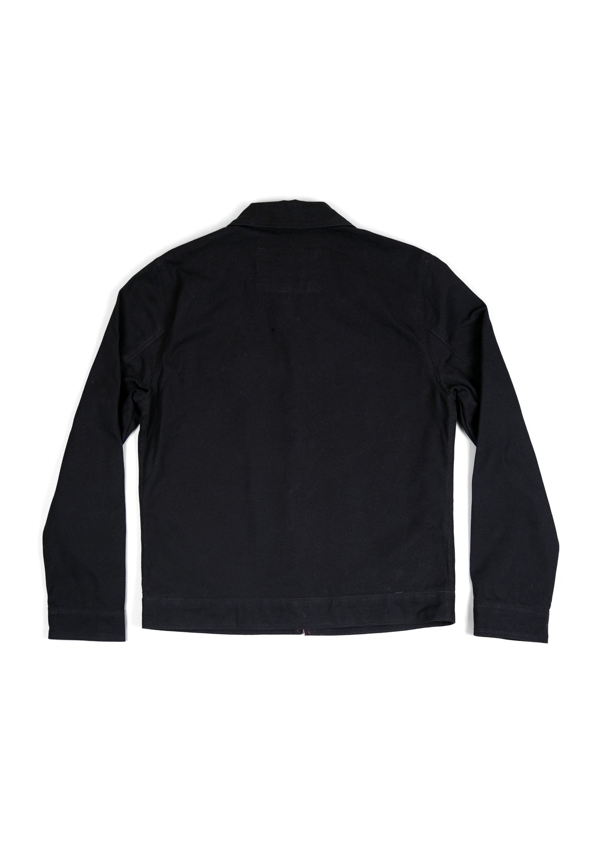 Black jacket shown from the back, featuring long sleeves and a simple collar, displayed on a white background.