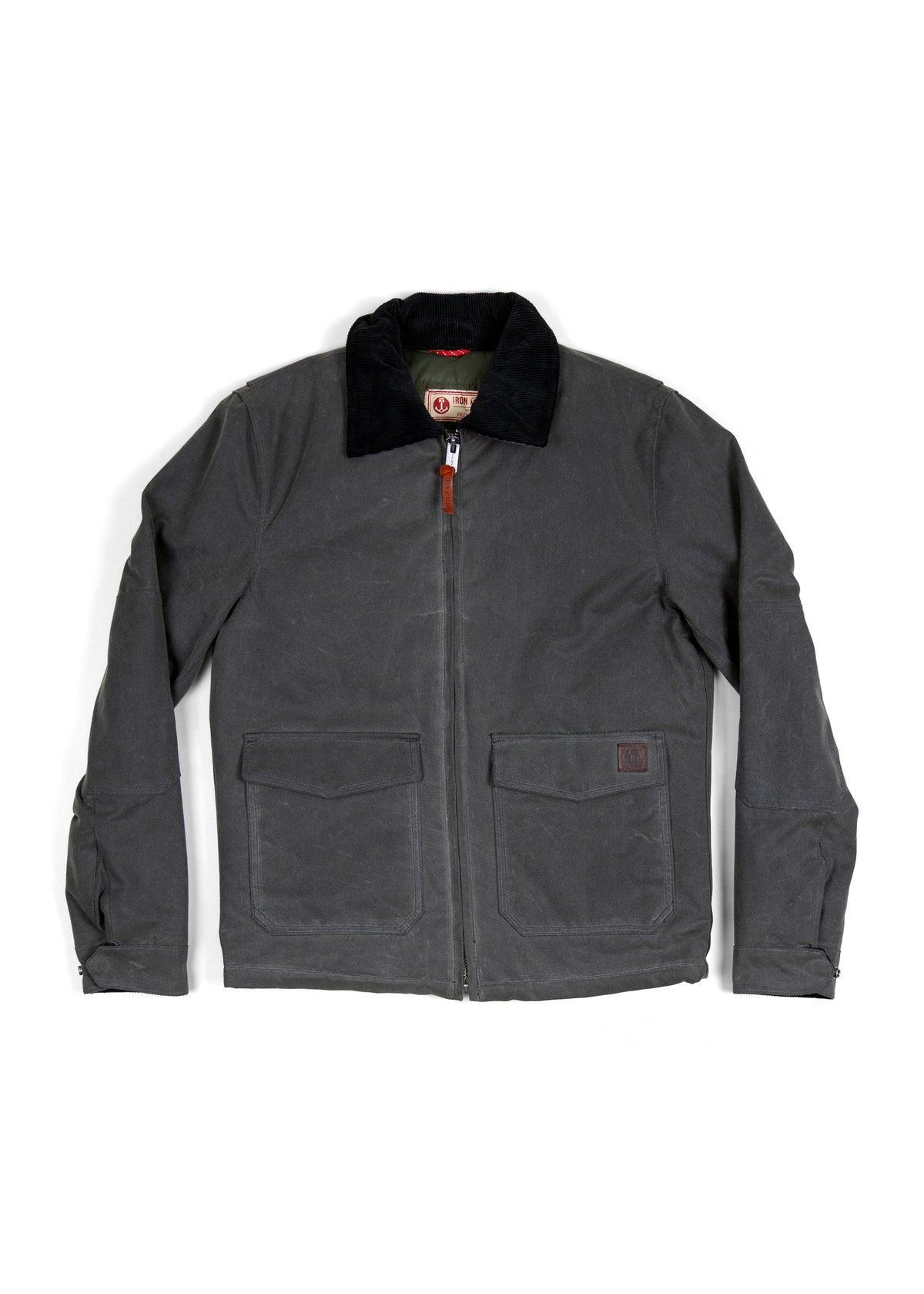 Dark gray jacket with black collar, front zipper, and two large pockets. Simple, rugged design suitable for casual wear.