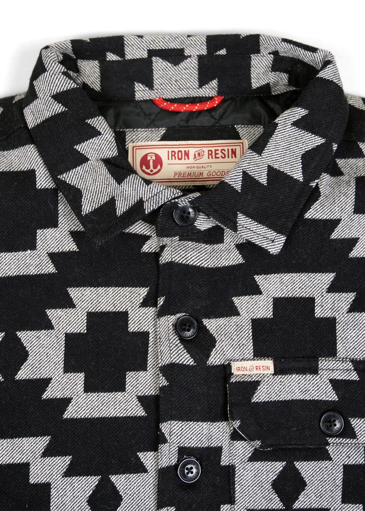 Iron & Resin black and white patterned shirt with buttons and a small front pocket, showcasing a bold geometric design.