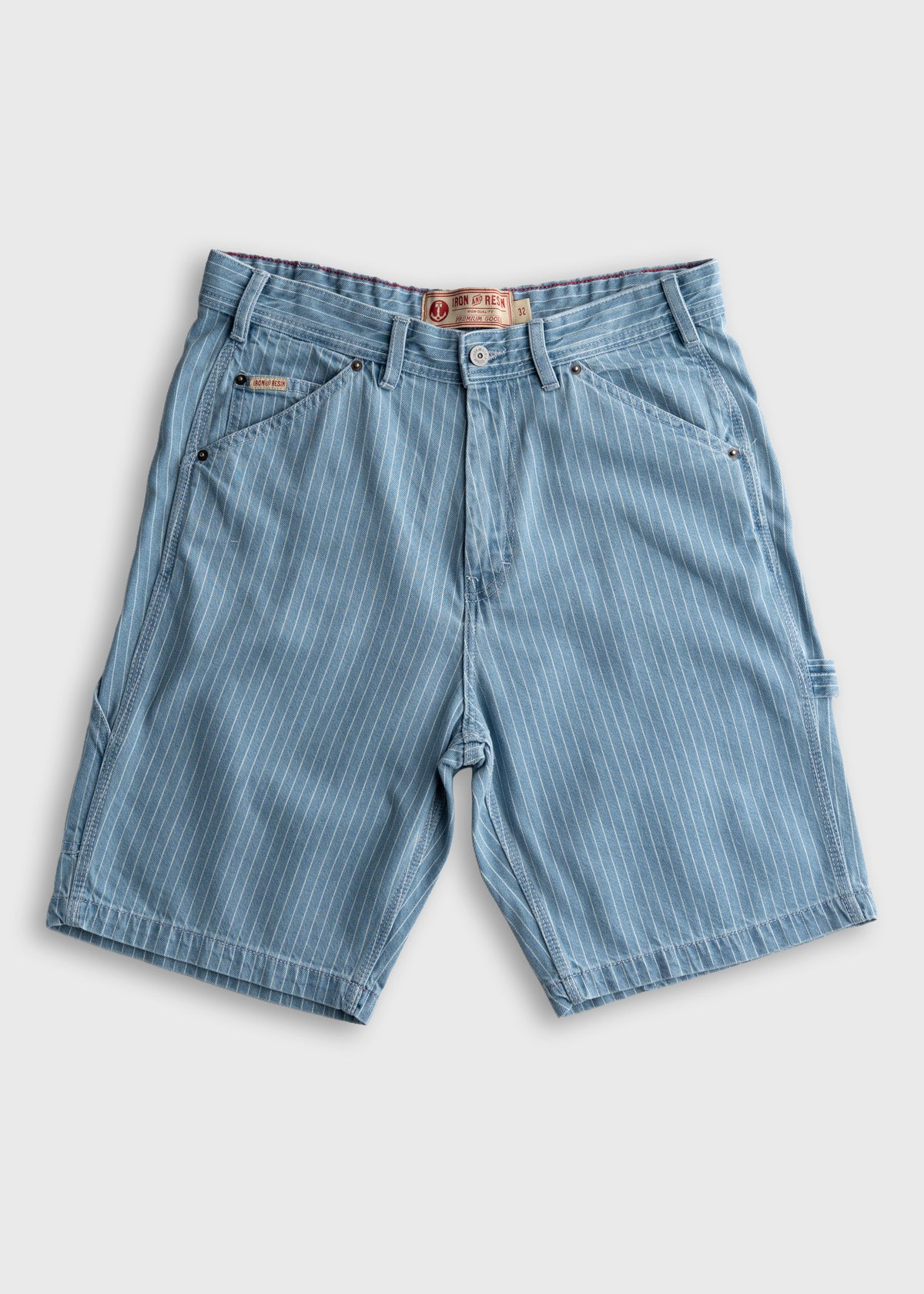 Light blue pinstripe shorts with button closure and belt loops, displayed on a white background, showcasing casual summer style.