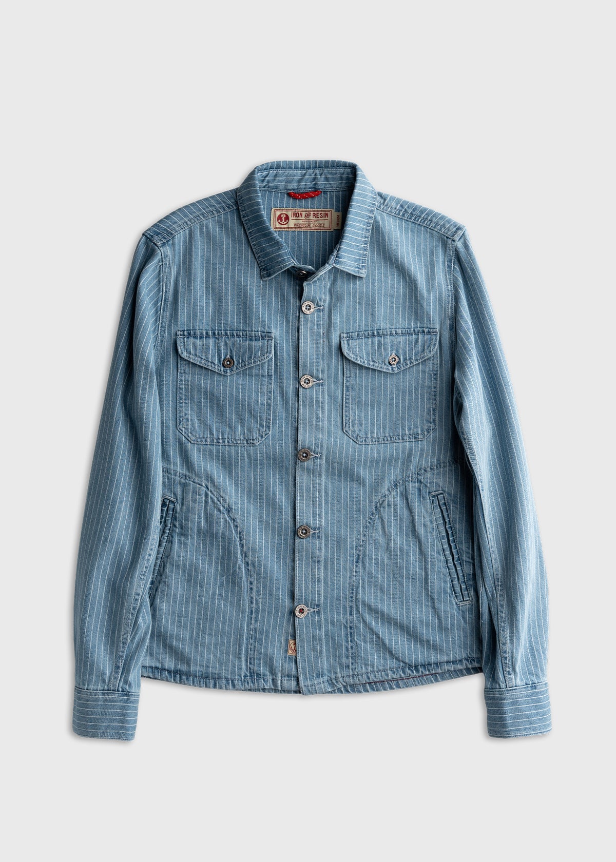 Men’s striped denim button up shirt with metal buttons and dual chest pockets, durable cotton workwear shirt with classic long sleeve fit and locker loop detail