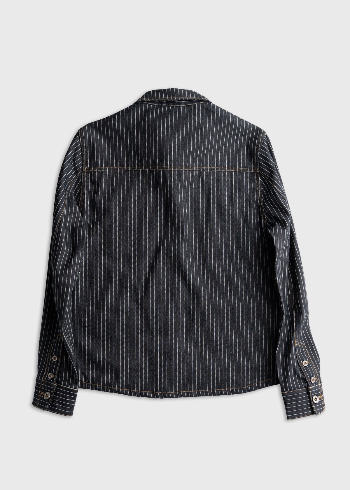 Men’s striped denim button up shirt with metal buttons and dual chest pockets, durable cotton workwear shirt with classic long sleeve fit and locker loop detail