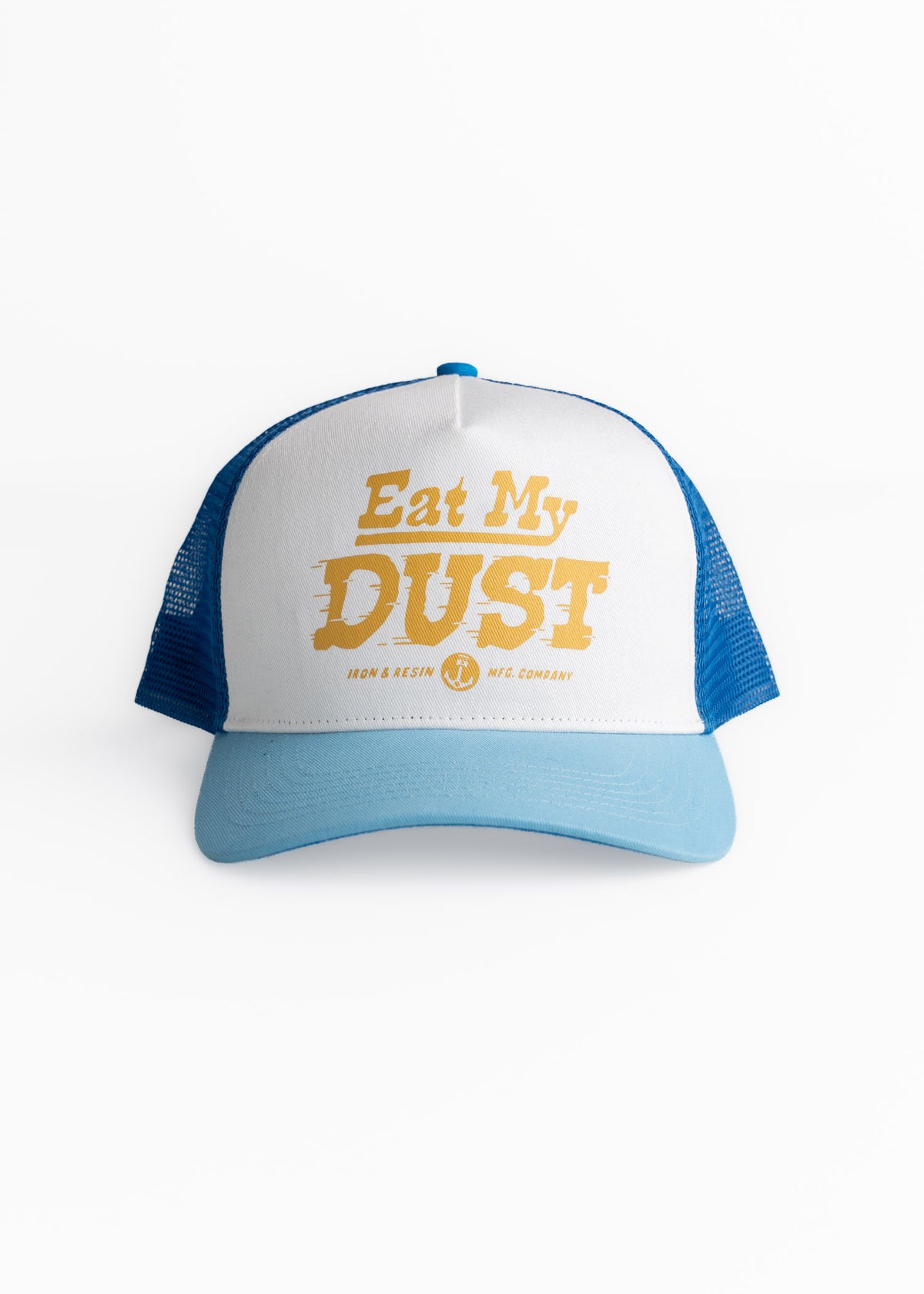 Blue and white trucker hat with "Eat My Dust" printed in bold yellow letters on the front, set against a plain background.