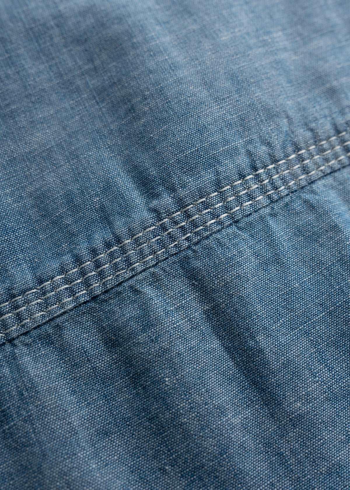 Close up of triple needle stitching on shoulder and side seams, showcasing reinforced construction