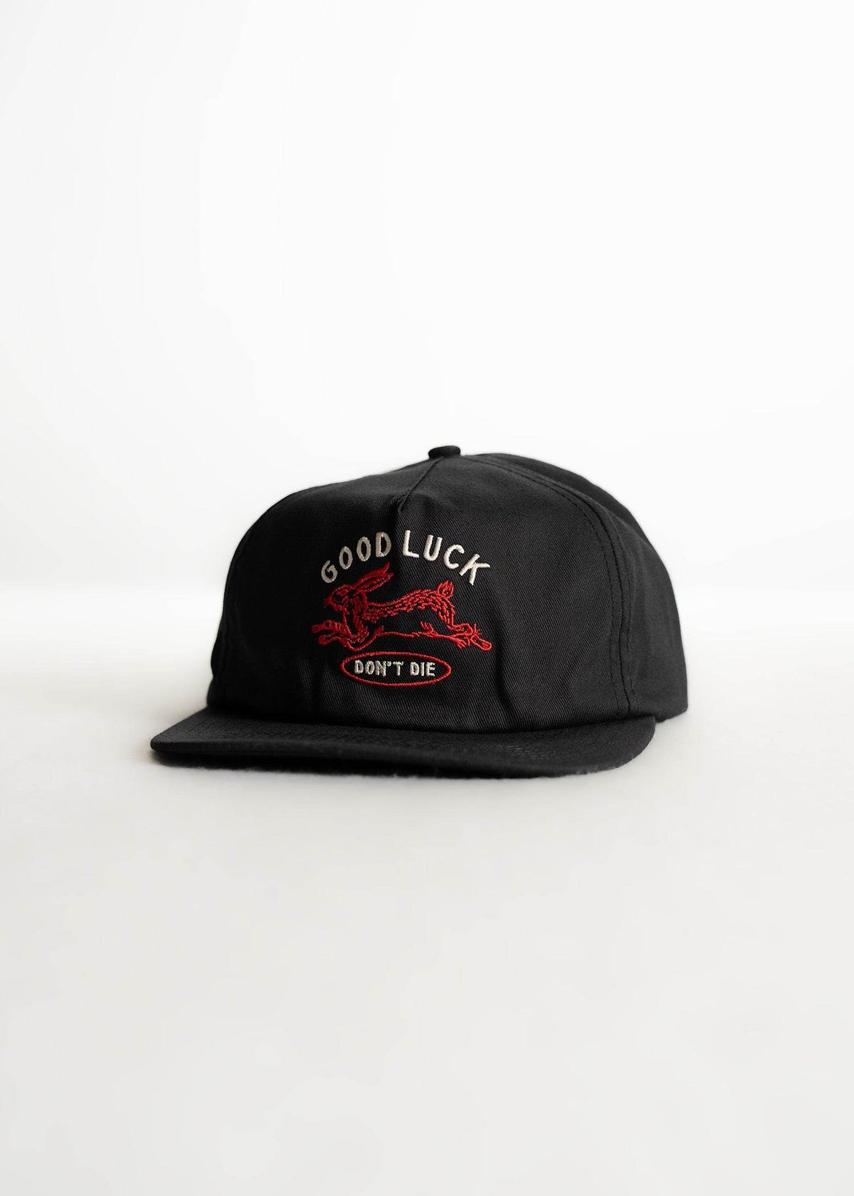 Black cotton twill hat with direct embroidery and leather adjustable strap, classic cap with durable construction