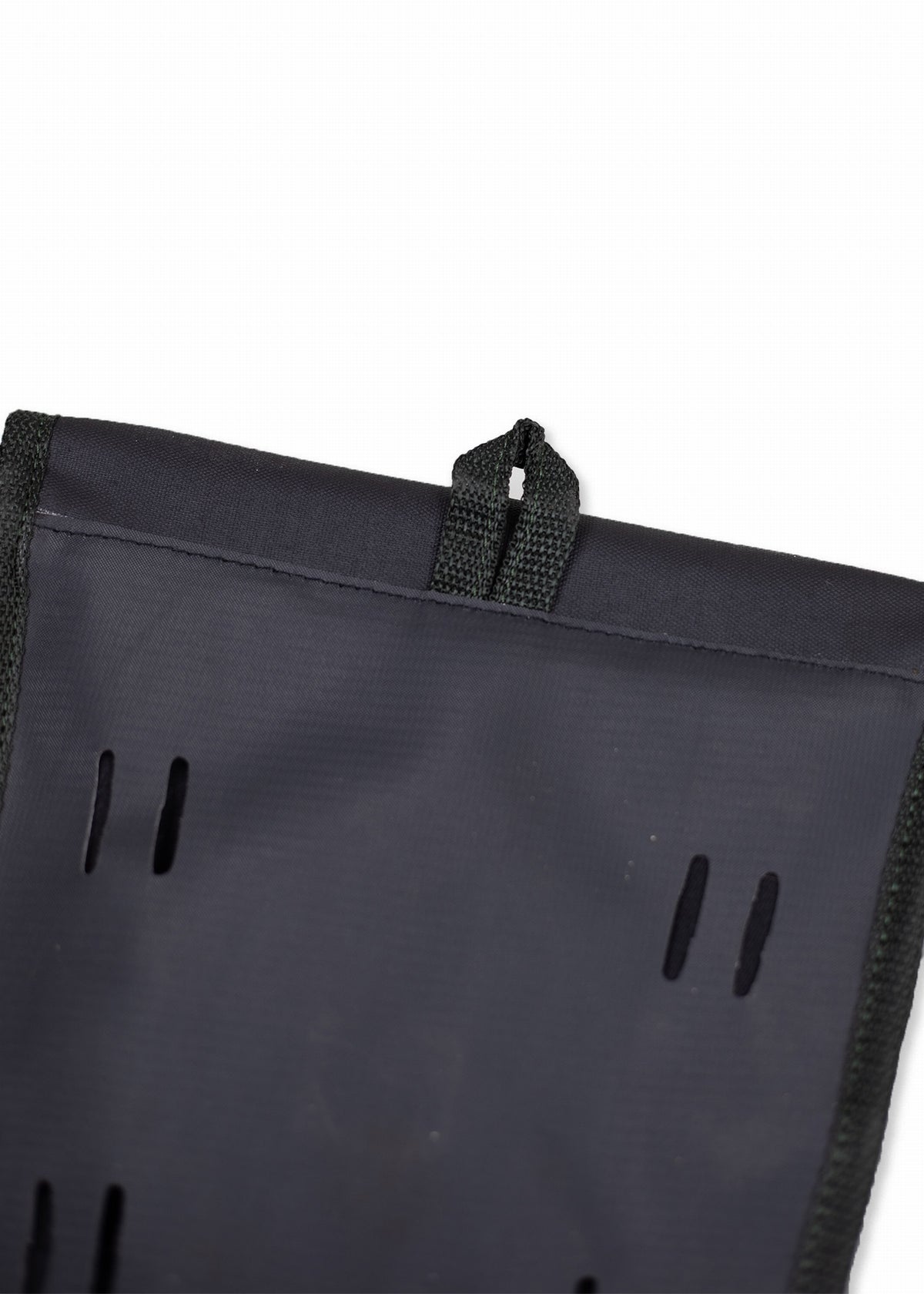 A black fabric pouch with slits and a loop for hanging, designed for organizing or storing small items efficiently.