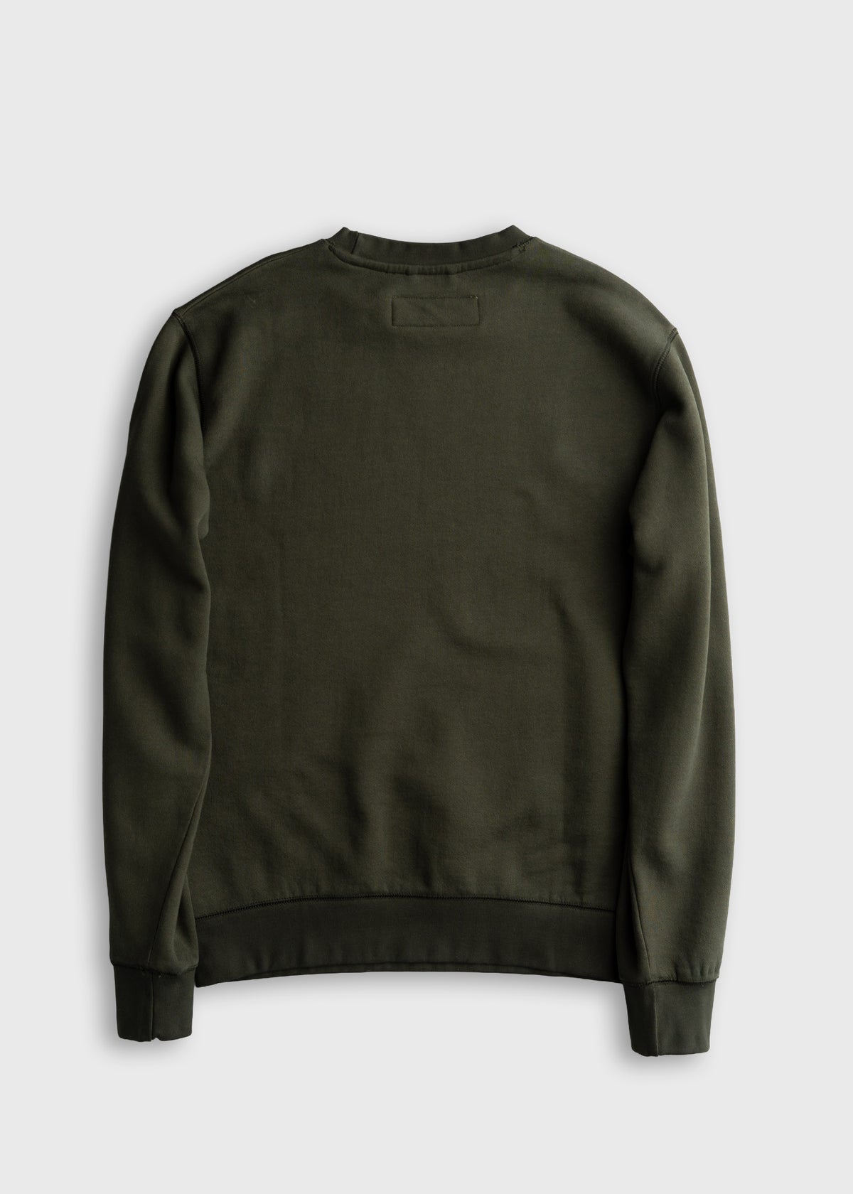 Olive green sweatshirt displayed flat against a light background, showcasing its back design and simple, casual style.