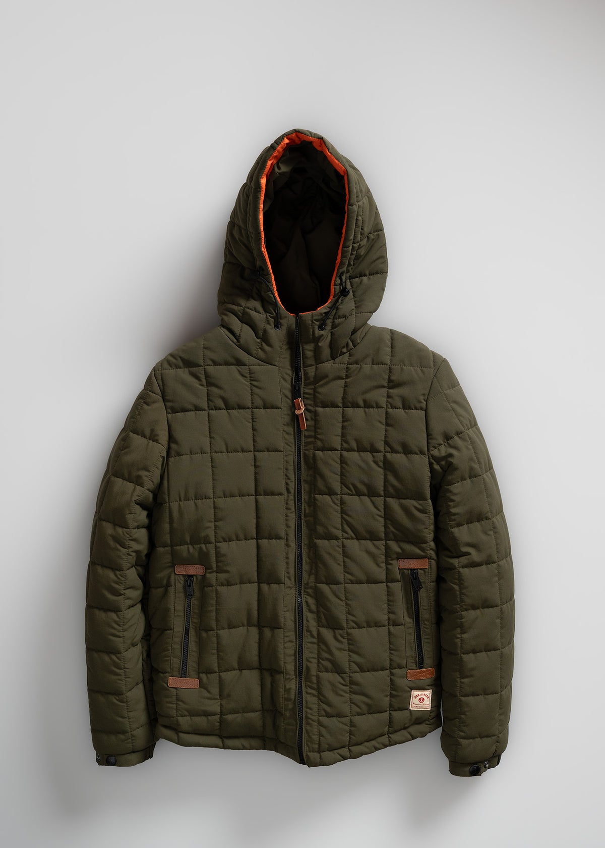 Olive green quilted jacket with hood and orange lining, featuring front zippers and pockets, displayed against a neutral background.