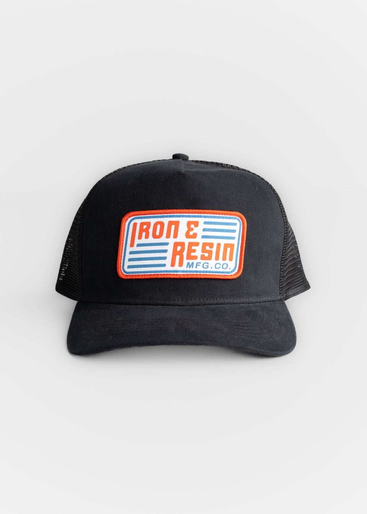 Men’s denim trucker hat in Black with mesh backing and custom embroidered patch, adjustable strap cap with breathable fit