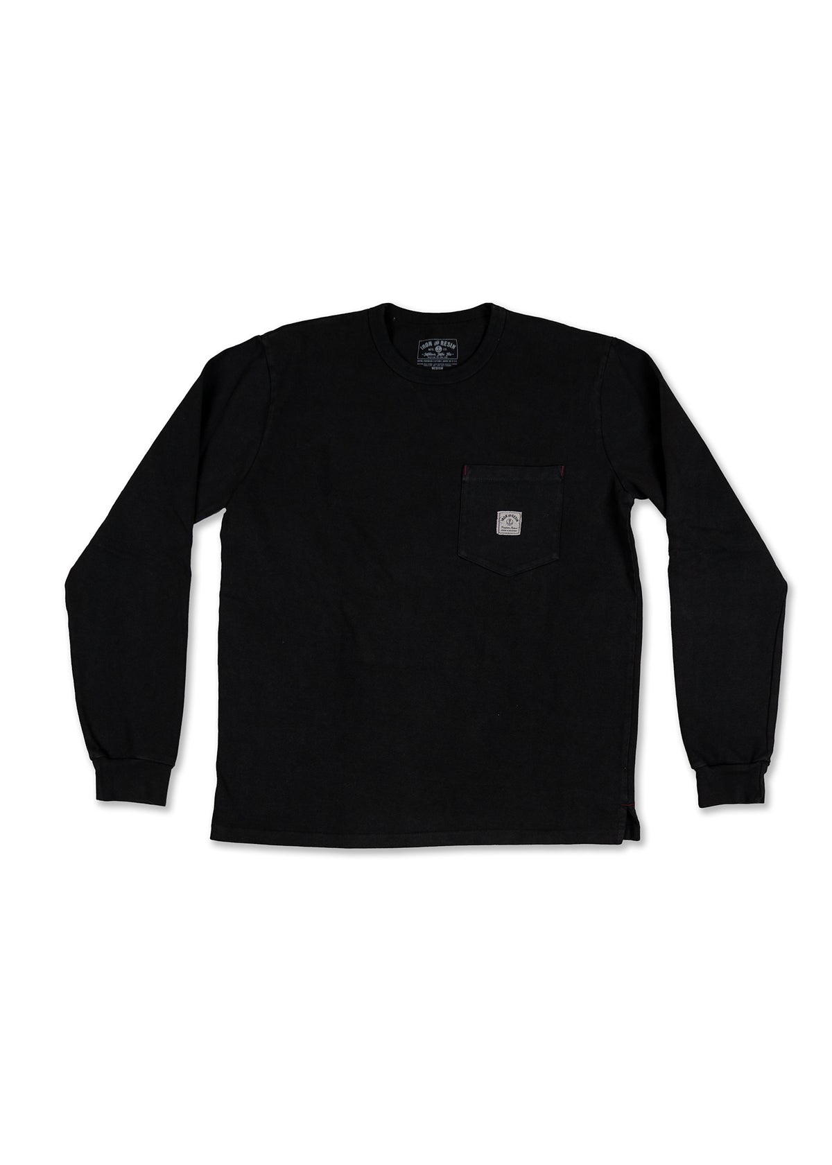 Black long-sleeve shirt with a chest pocket featuring a small logo patch. Simple and casual design, suitable for everyday wear.