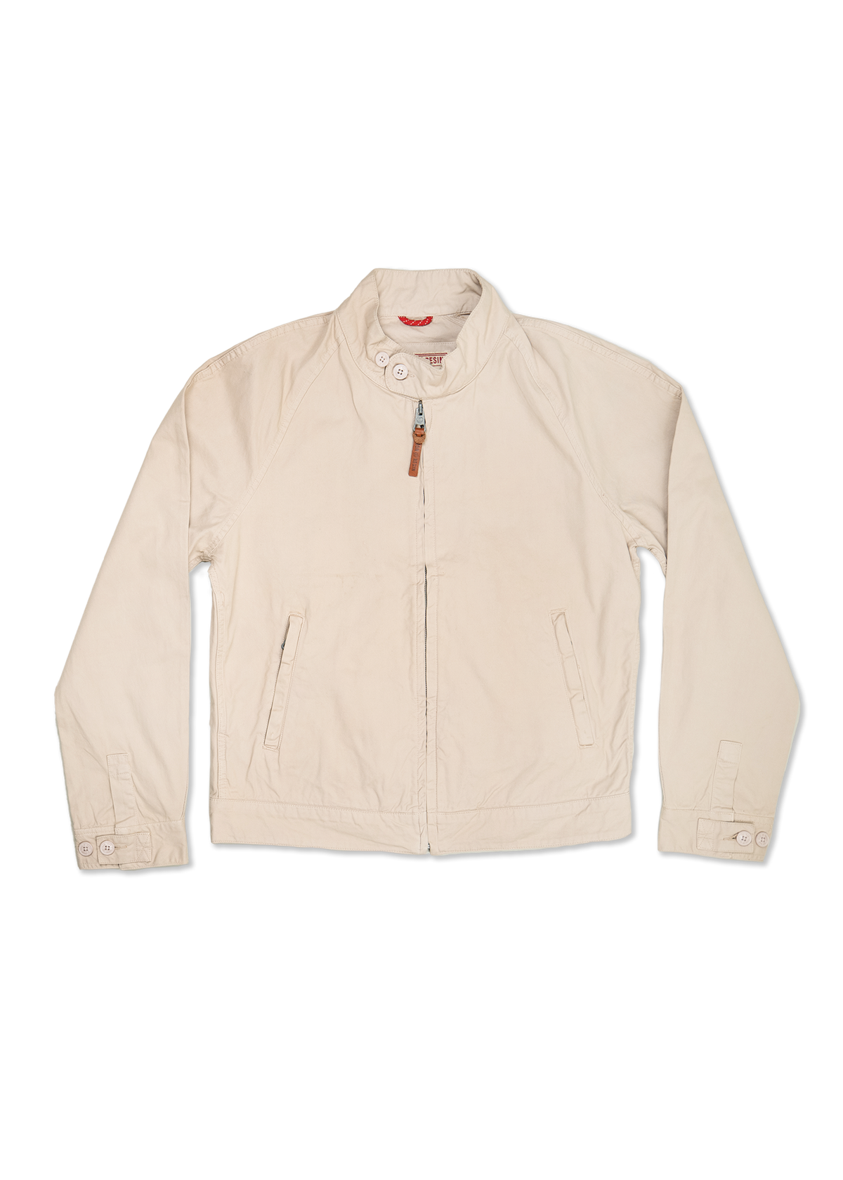 Beige jacket with a high collar, button details, and front pockets, displayed on a black background, showcasing casual style.