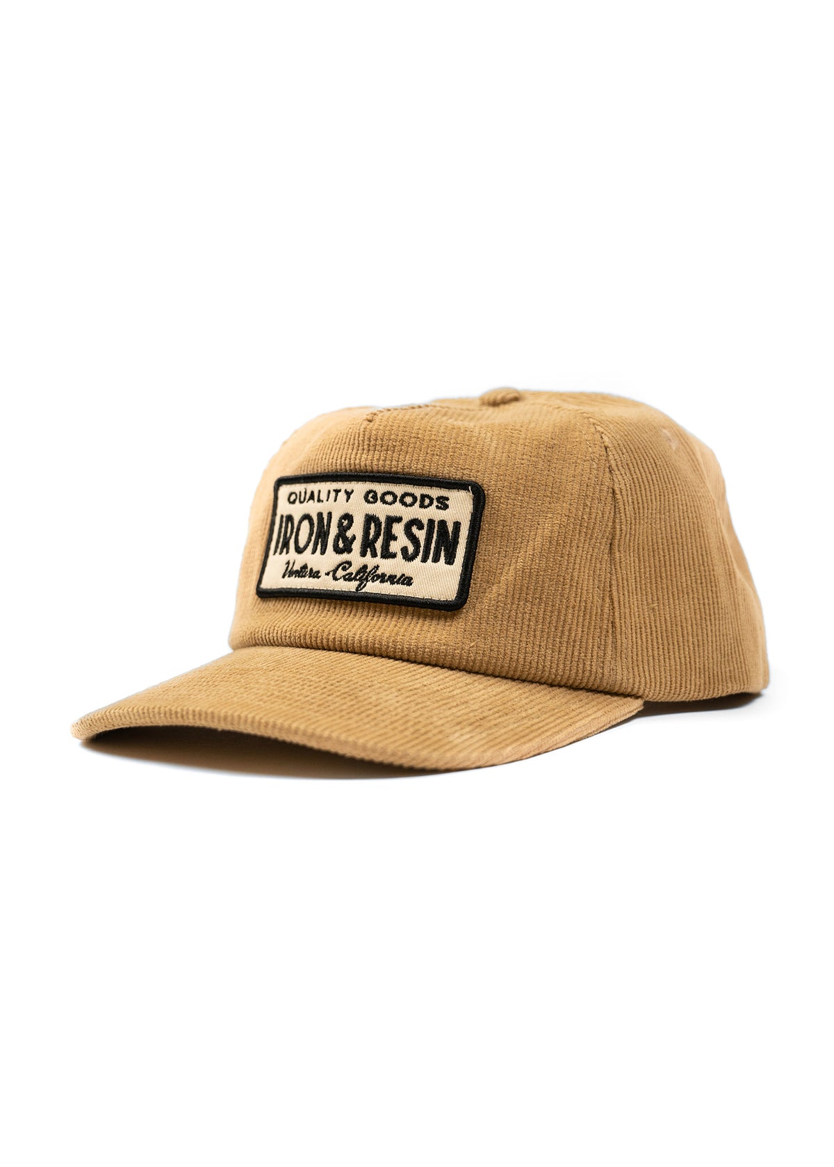 Tan corduroy cap with "Iron & Resin" patch, emphasizing quality goods from Ventura, California. Simple and stylish design.
