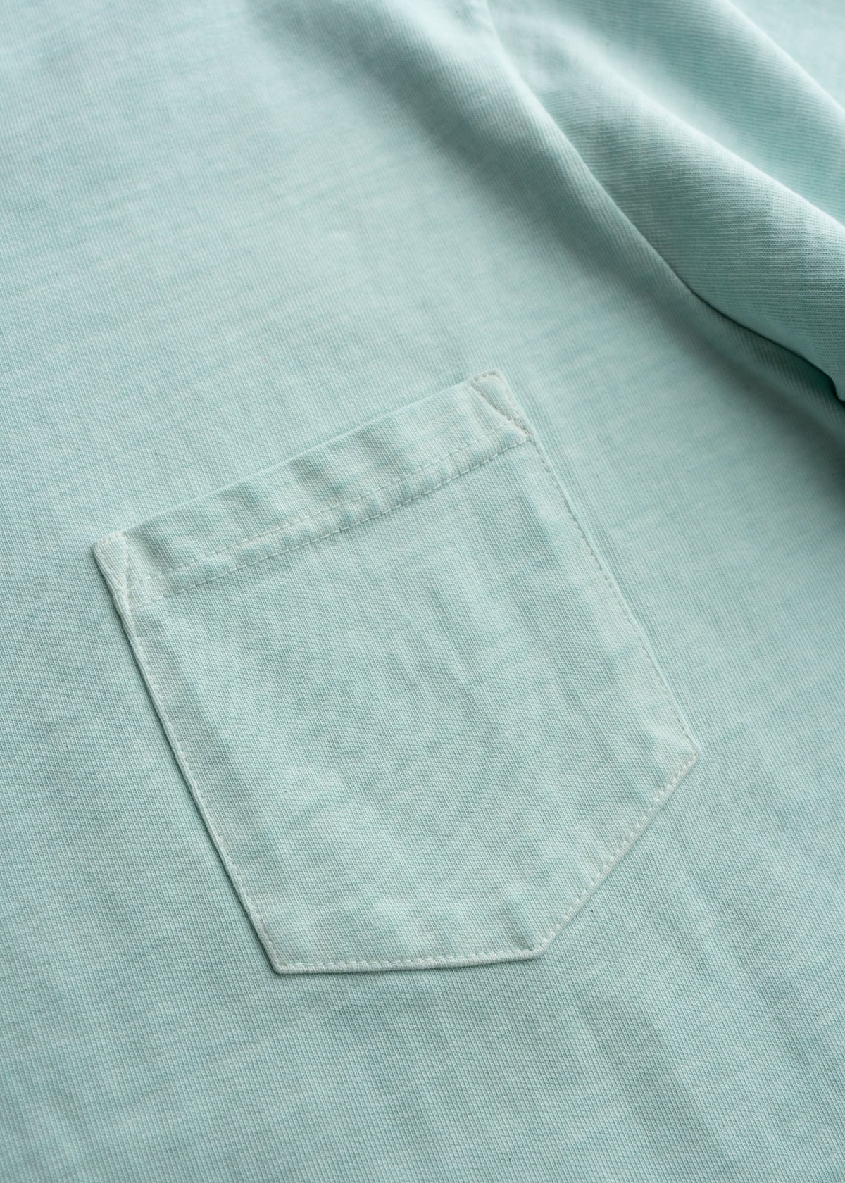 Close-up of men’s 10.25 oz heavyweight jersey cotton t-shirt in Aqua, detailing pocket, durable construction and soft feel