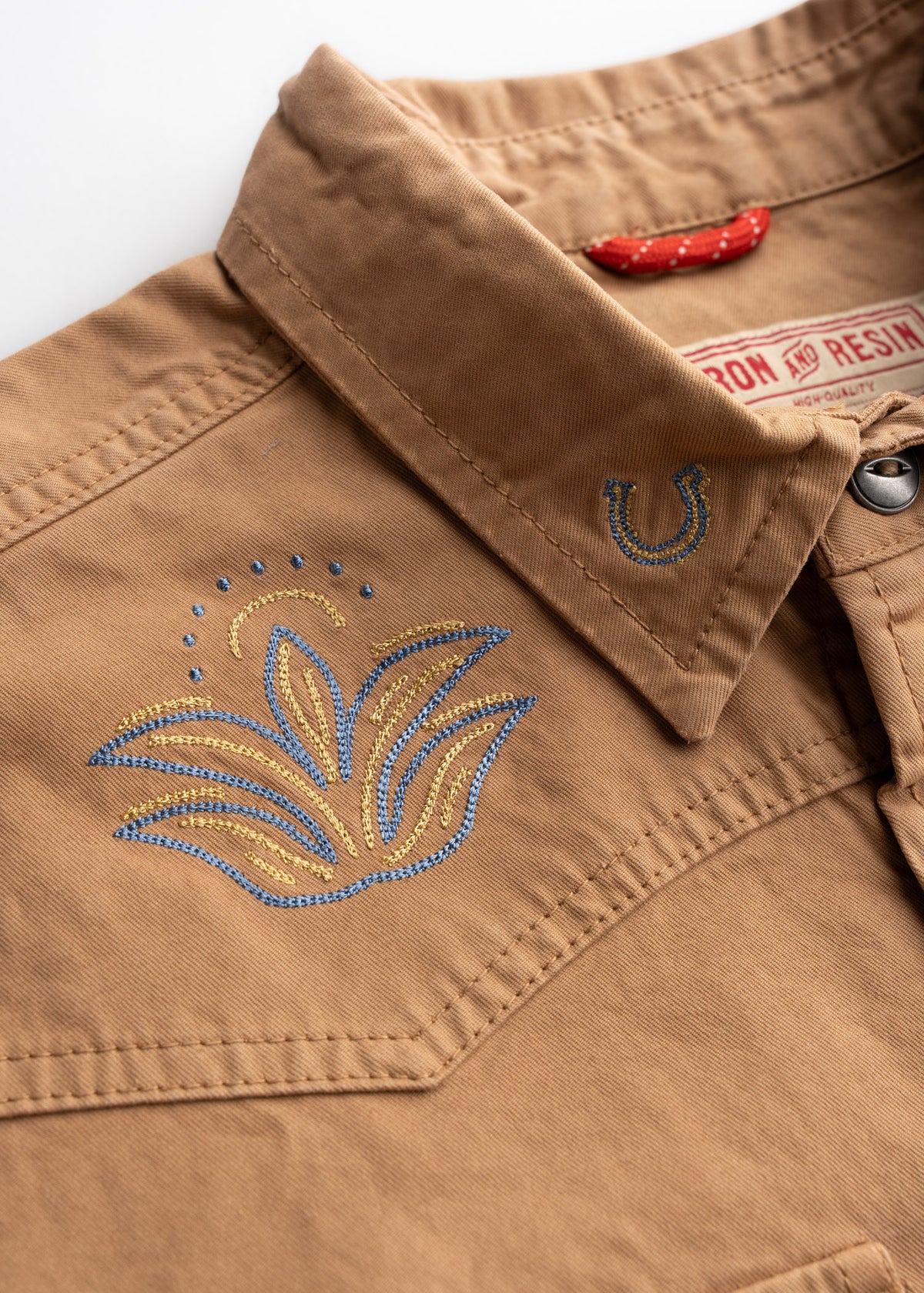 Men’s Prescott twill western button up shirt with embroidered detail, metal buttons, and classic yoke design