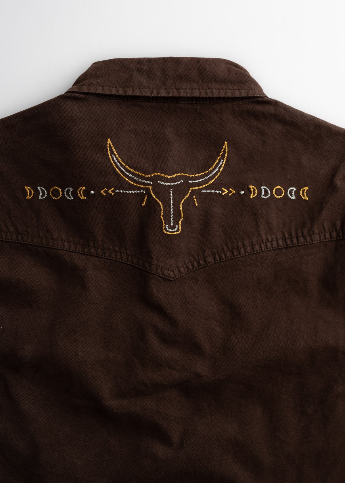 Close up of Prescott twill shirt highlighting custom embroidery, and stitching