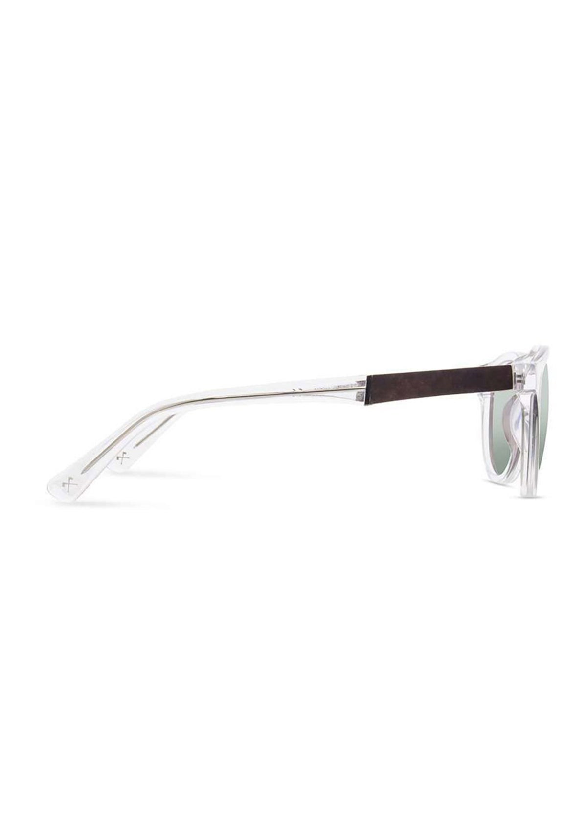 Side view of transparent sunglasses with a black bridge and green-tinted lenses, showcasing sleek, modern design on a white background.