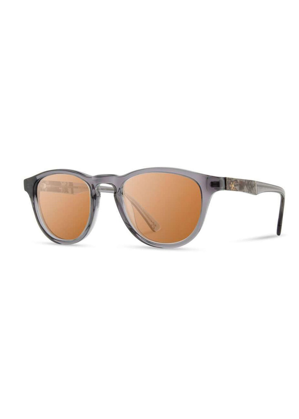 Stylish sunglasses with round, orange-tinted lenses and sleek, transparent gray frames, perfect for sunny days.