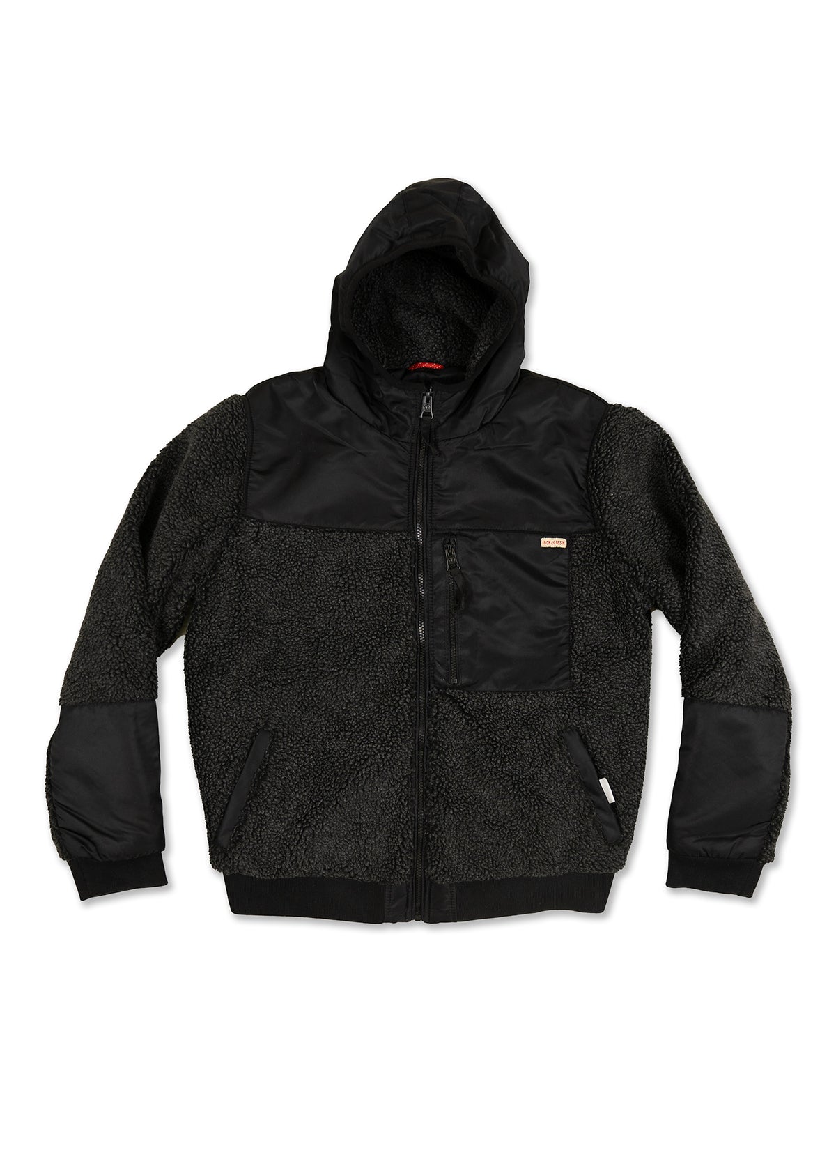 Black hooded jacket with fleece texture and zippered front pocket, combining warmth and style for casual wear.