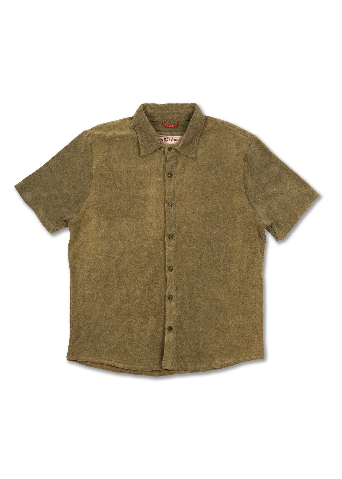 Olive green short-sleeve button-up shirt with a collar, laid flat on a white background, showcasing its casual style.
